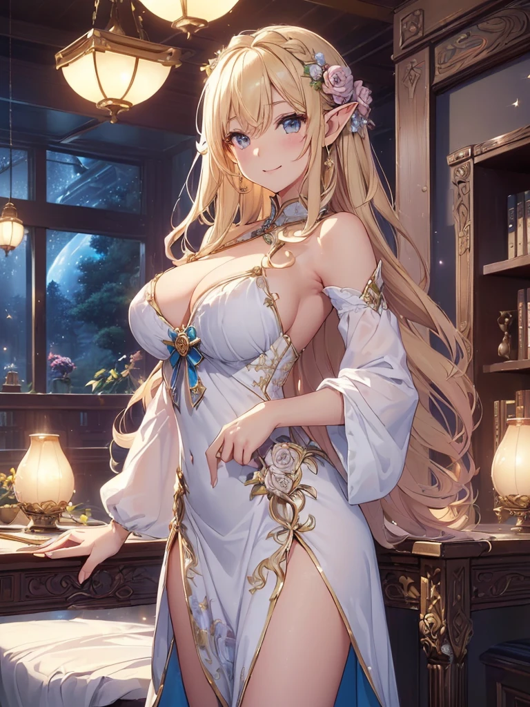 最high quality、Best image quality、masterpiece、Beautiful Face、、Titania、Super beautiful elf girl((22 year old office lady big bust、Bust 90,Beautiful long ironed hair、blonde、height: 165cm。thin、Beautiful dress、cowboy shot,、Esbian、table、tea、spring、Sunrise、night、star、Milky Way、starrynight.high quality、美しいart、、Pieces fly、ビジュアルart、Depth of written border、flowerの冠、ライトのmagic、universe、Happy smile、gentle lights、Beautiful Forest、、、elegant、ticker beautiful decorative、、、mystery的な　Rosa、Rose、　null、art、Lord of the Ring、Spectacular scenery、sexy、A friendly smile、Marble pillar、Wonderful nature、universeのmagic、magicのライト、Fantasy、flower、super REALITYa lotのRose、magic、Grow Fantasy、、mysteryのライト、Art Nouveau、Alphonse　a lot、、art、art,mystery,UHD,magicalgentle light,sexy