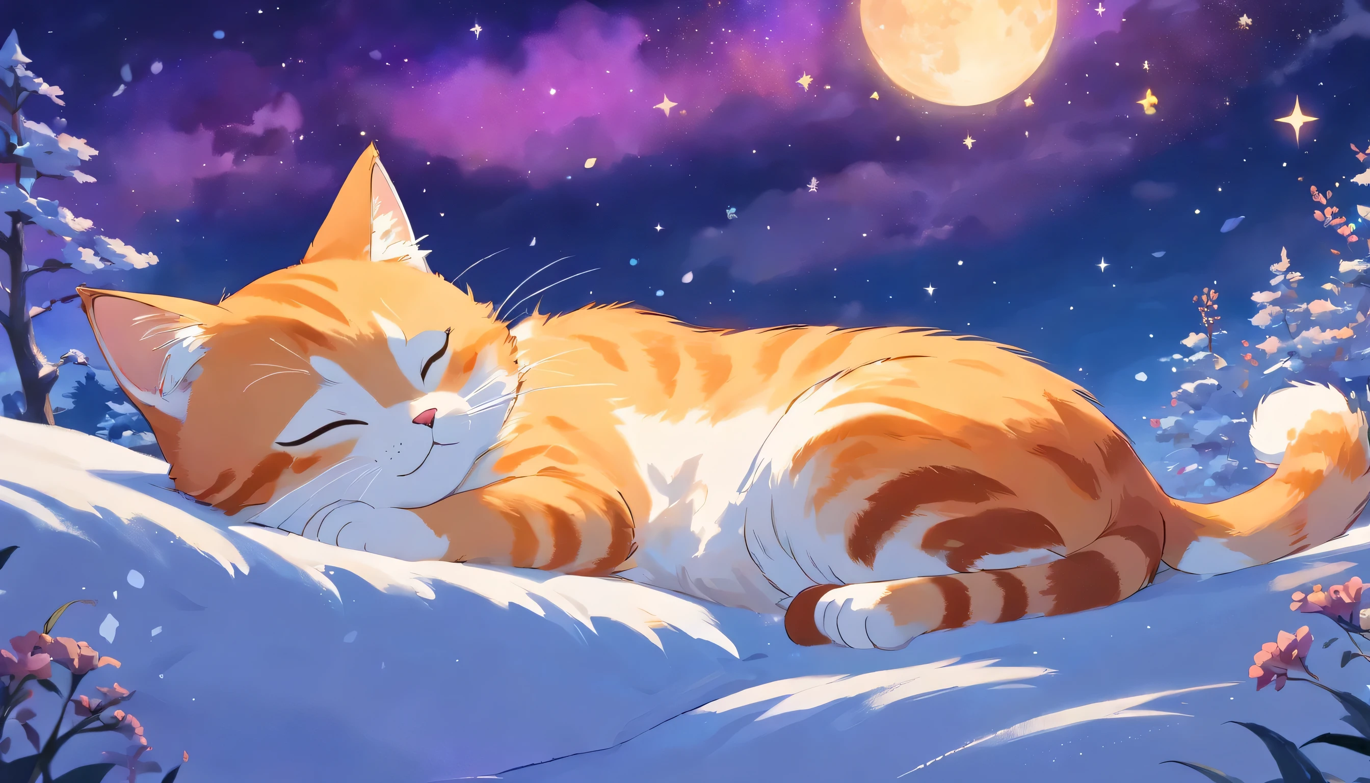 Please draw a picture that meets the following conditions.
The angle of view is a close-up，HD, Disney Pixar style, digital painting, natural lighting, rich background, edge lighting, dreamy color tone, color palette, aspect ratio 16:9This picture depicts a small orange-and-white cat lying peacefully on a cloud that looks like snow, with its eyes closed, as if enjoying a sweet dream. The cat’s expression is very calm and content, with its mouth corners slightly turned up as if it’s smiling. The background of the painting is a dreamlike starry sky, adorned with dangling stars and soft halos, some of which connect with graceful lines to create a quiet and peaceful night atmosphere.The overall style can be described as full of fantasy and fairy-tale colors. The entire image is dominated by warm and bright colors, The use of color is soft and layered; the orange and white cat contrasts sharply with the dark blue and purple background, creating a warm versus cool tone that enhances the snug feel of the picture.presenting a peaceful, warm, and pleasant feeling that makes one’s mood very relaxed and happy after looking at it. In addition, the details of the painting are exquisitely handled, such as the texture of the cat’s fur, the fluffiness of the clouds, and the twinkling starlight, all of which add to the picture’s delicacy and charm.