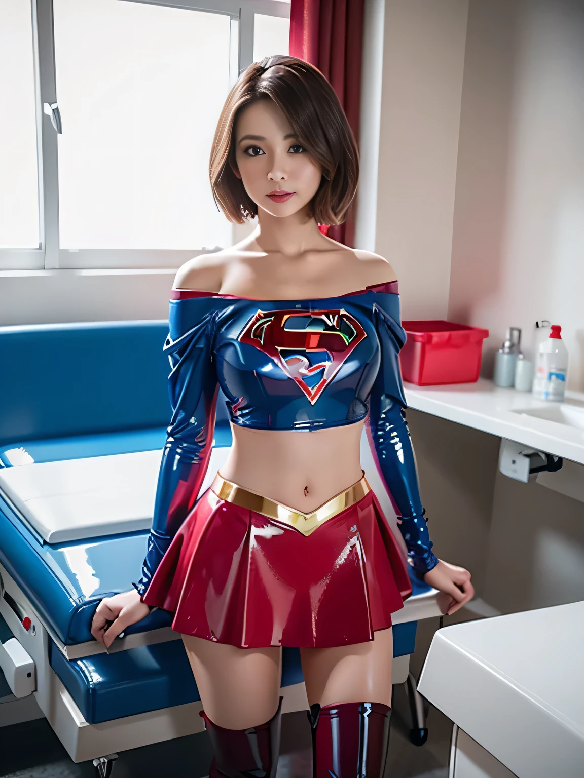 masterpiece、Shorthair Supergirl、centralized treatment room、operating table、Big and ample breasts、Red mini skirt、barefoot、Looking at the camera、Shiny Costumes、Off the shoulder、Long sleeve、Please put your hands on your hipodel Body Type、latex、