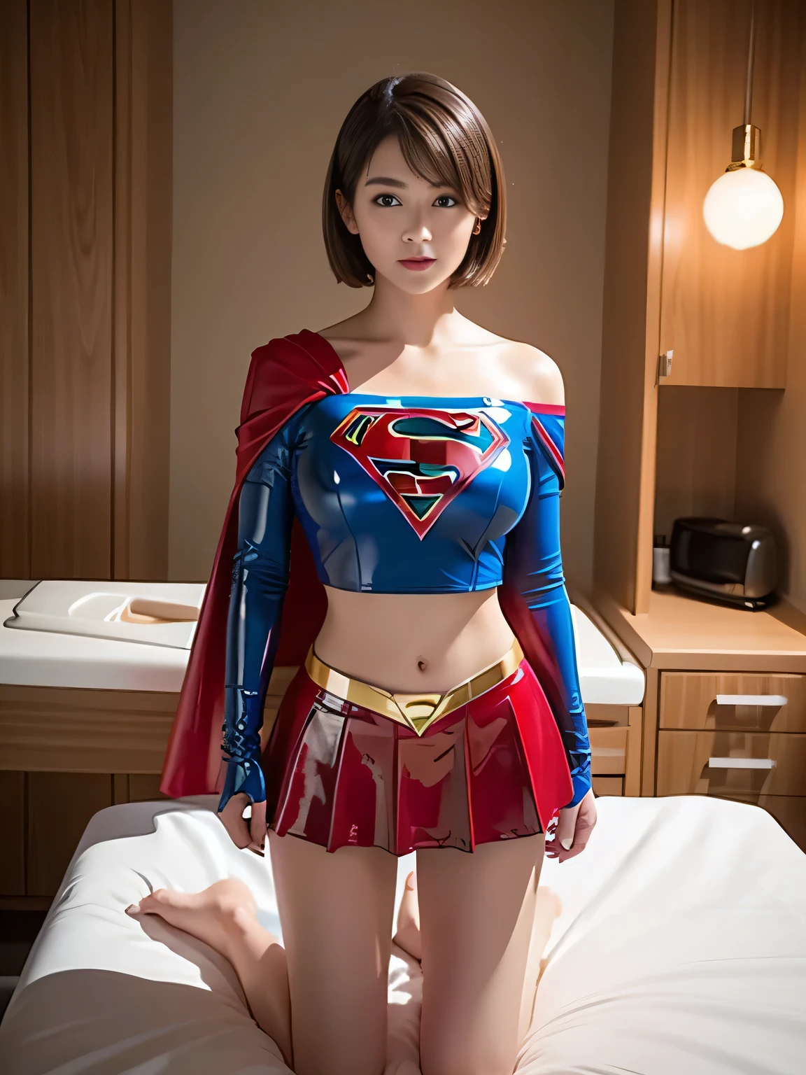 masterpiece、Shorthair Supergirl、centralized treatment room、operating table、Big and ample breasts、Red mini skirt、barefoot、Looking at the camera、Shiny Costumes、Off the shoulder、Long sleeve、Please put your hands on your hipodel Body Type、latex、