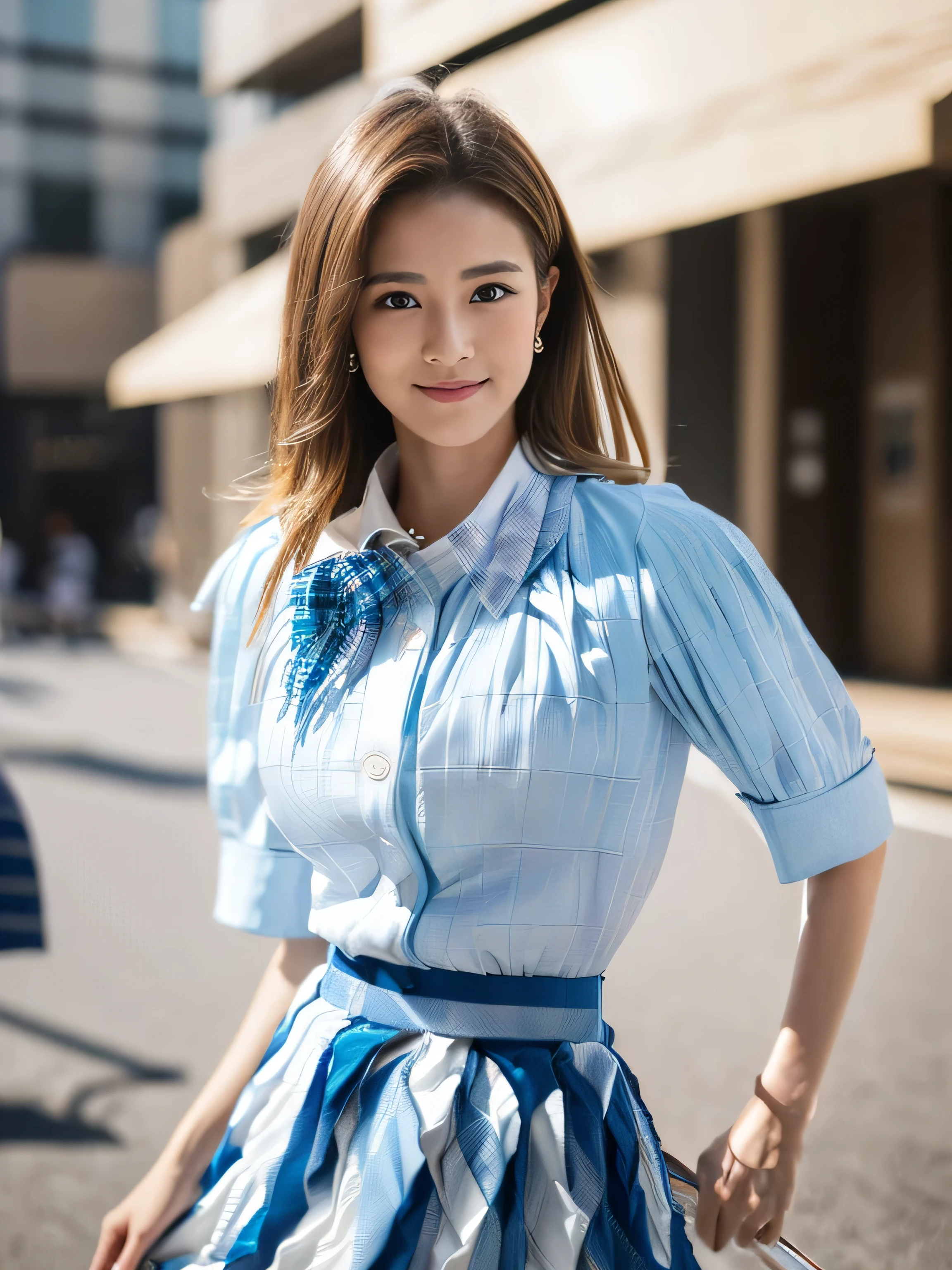 ((highest quality, 8k, masterpiece: 1.3)), 1 girl, smile, whole body, Slim face, Beautiful woman, Medium dark brown hair, White crisp shirt at upper body, The upper body is black straight suit pants, High heels, Highly detailed face, Fine grain, double eyelid, Blurred Background, Slim face, skyscraper, West Shot, ((wearing  ,White collar shirt、Light blue plaid pleated skirt:1.4)、