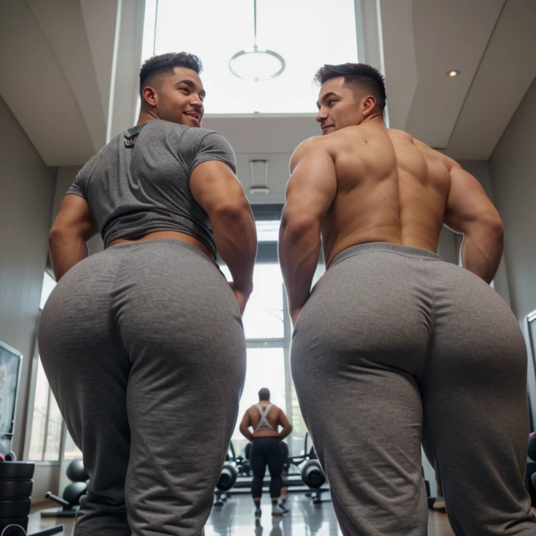 Two male college football players, muscular, jocks, at the gym, athletic, shirtless, dark brown hair, wearing grey sweatpants, big butt, huge ass, curvy men, comically massive ass, bubblebutt, thick, thicc, thick ass, thick legs, thick thighs, huge butt cheeks, ass huge, showing butt to camera, smiling, looking back at camera, big booty, boy booty, men with huge butts, men in grey sweatpants, showing off ass, absolutely massive butt, enormous ass cheeks in grey sweatpants, full ass, round ass, juicy ass, expansive ass, tight sweatpants, filled sweatpants, perky fat butt cheeks, gay for each other, gay, homosexual
