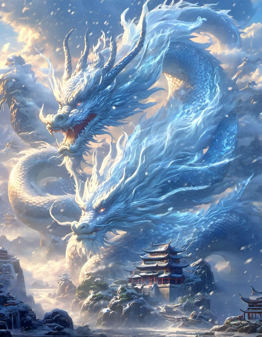 Arion Landscape,in the fantasy world,Traditional Chinese architecture, dragon,snow,cloud,Ocean,Sky,Mountain, thunder,{a head}