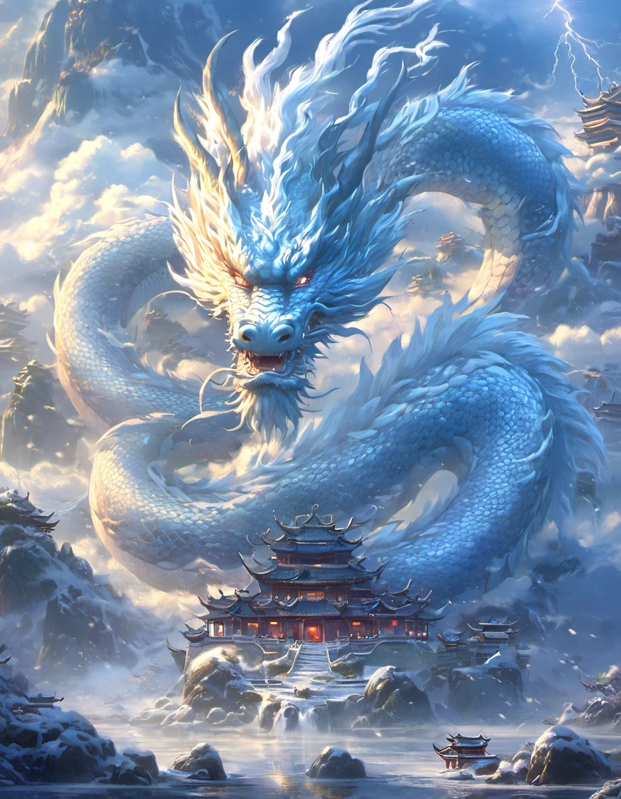 Arion Landscape,in the fantasy world,Traditional Chinese architecture,  dragon，snow，cloud,Ocean,Sky,Mountain, thunder，{a head}