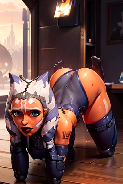 (masterpiece, best quality, ultra-detailed), AhsokaTano, (orange skin:1.2), blue eyes, makeup, medium breasts, blue shirt, vambraces, fingerless gloves, hip armor, blue skirt, blue leggings, all fours, looking at viewer, blush, indoors