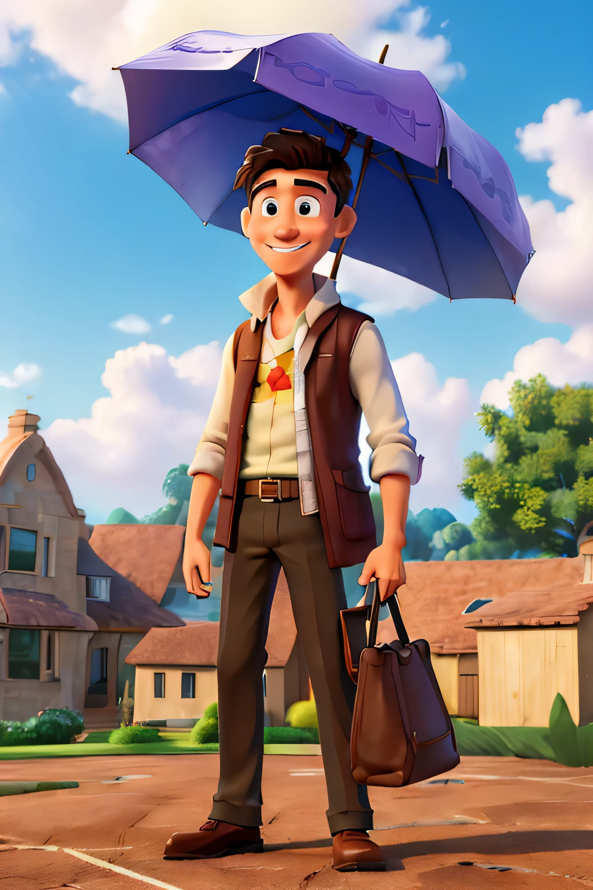 (masterpiece, best quality:1.2), cooperate, solo, 1guy,  smile, looking at viewer, Illustrate a person standing under an umbrella, symbolizing inadequate insurance coverage, while their property looms large and unprotected in the background.