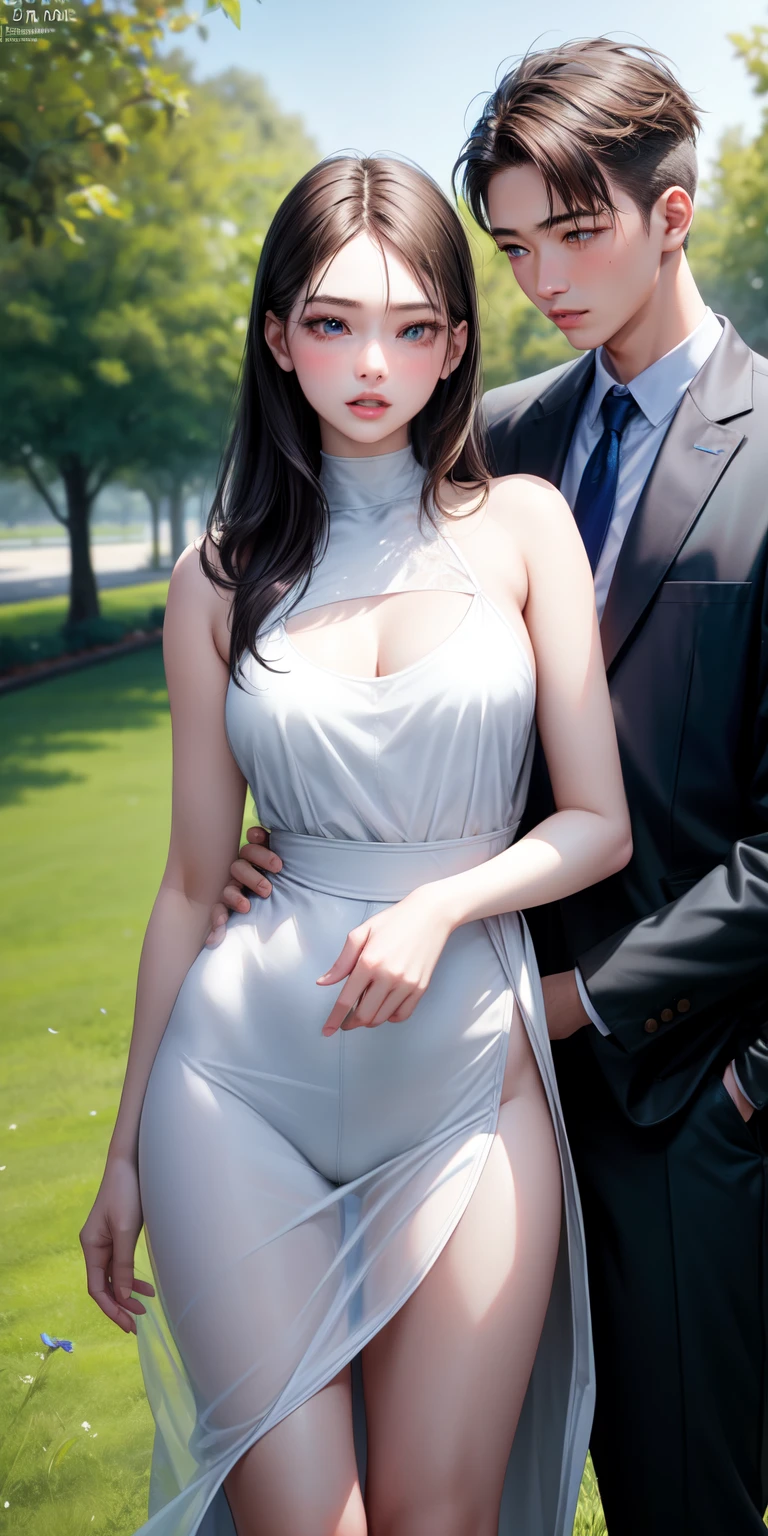 Fashion Model, 18-year-old [[[[close]]]]， [[[[Boobgasm]]]]， [[[[col]]]]， [[[[b Shoulder]]]]， Perfect Eyes， Perfect Iris，Perfect Lips，Perfect Teeth，Perfect Skin，White skin，Soft Front Light，High resolution，Couple，Young men and women，two people are close，A woman stands next to a man，The background is outdoors，Green tree々，Grass，highest quality，masterpiece，Ultra-dilution，（pastel colour：1.2）Second Dimension