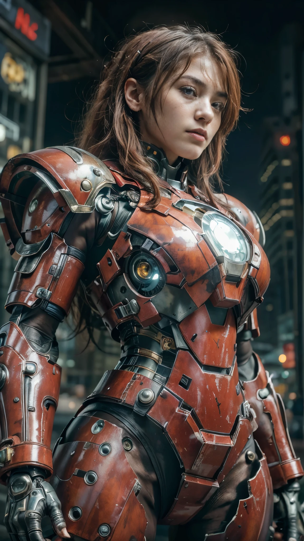 (Masterpiece, Best Quality, photorealestic:1.4), facing forward, seen from below, (UHD, 8k wallpaper, High Resolution), japanese girl as a cyborg war mechine in a cyborg military with heavy armor (hold a shield on her forearm:1.4), intricate detailed bodywork, messy red hair, detailed beautiful face, very tight musculature, sittin on crouch, dynamic pose, sharp expression. Against the backgroind of a ruined New York City, dressed in red black cyborg military armor is like ironman armor, Oppressive atmosphere, postapocalypse, photon mapping