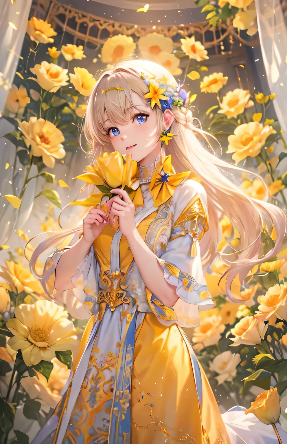 ((highest quality)), ((masterpiece)), (Get used to it), Perfect Face , beautiful girl , Princess , yellow , bouquet ,