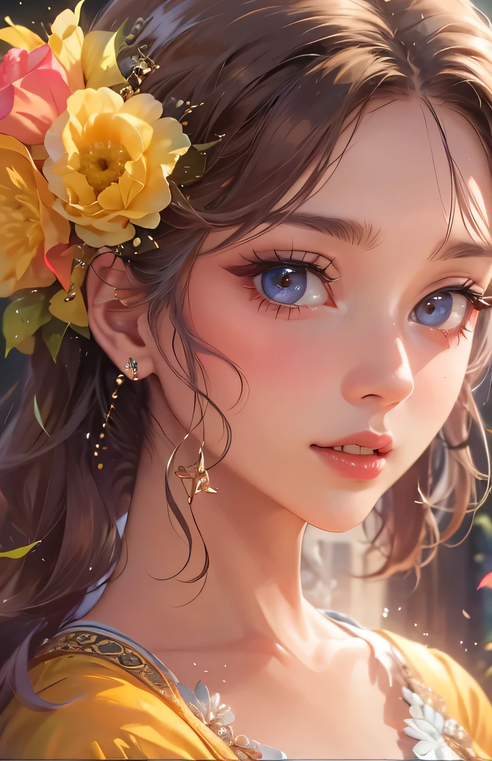 ((highest quality)), ((masterpiece)), (Get used to it), Perfect Face , beautiful girl , Princess , yellow , bouquet ,