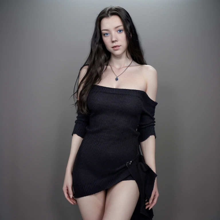 1 girl in, 25 years old, Solo, Long hair, Looking at viewer, Black hair, Bare shoulders, Blue eyes, jewel, Full body, necklace, bare shoulders, Sweaters, Realistic, A sexy, amy lee.