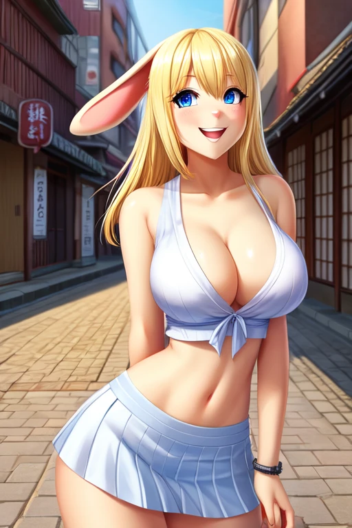 Rabbit girl High school student, solo, female, blonde hair, blue eyes, smiling, big breasts, cleavage, slim, small waist, small hips, japanese city, brick road, hands behind back, happy, looking at viewer, high quality