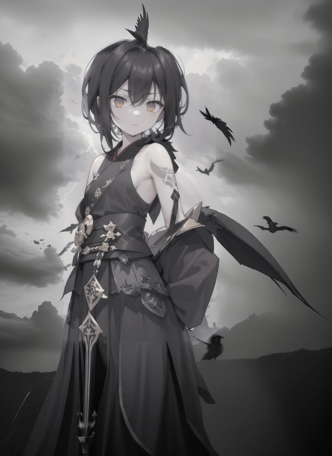 (dark hair,short black hair),(golden eyes),(black hanfu,black armor),(ink black longsword),(ravens),(high contrast,monochrome,black and white),(mystery,ominous),(stormy atmosphere,thunderstorm),(dramatic lighting),(detailed textures),(dynamic pose),(dark background)