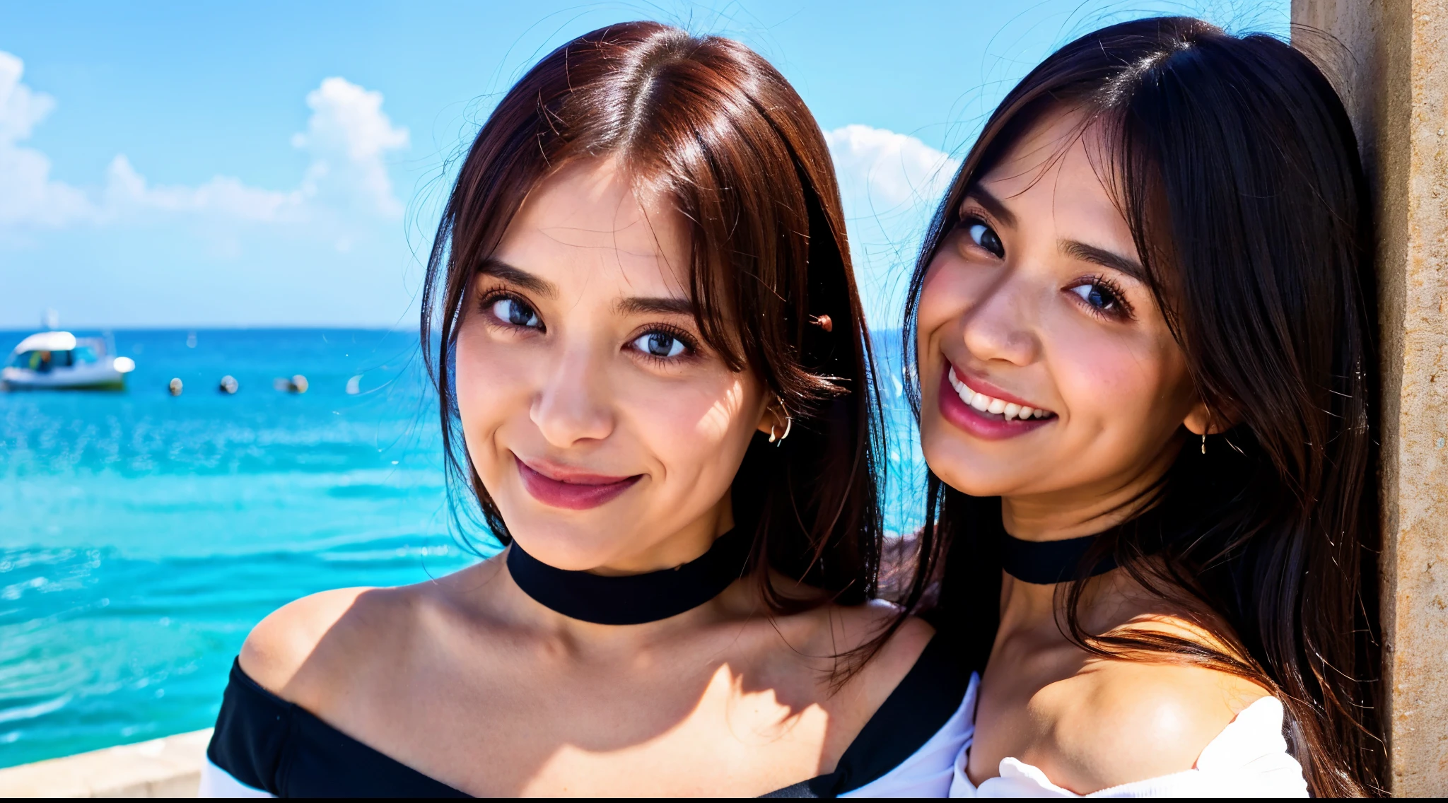 highest quality、超A high resolution、(Photorealistic:1.4)、(1 girl:1.5)、Cute eyes、Off-the-shoulder shirt、Tight Skirt、Black Choker、(Dark brown hair:1)、View your viewers、Close-up、Laugh with your mouth closed