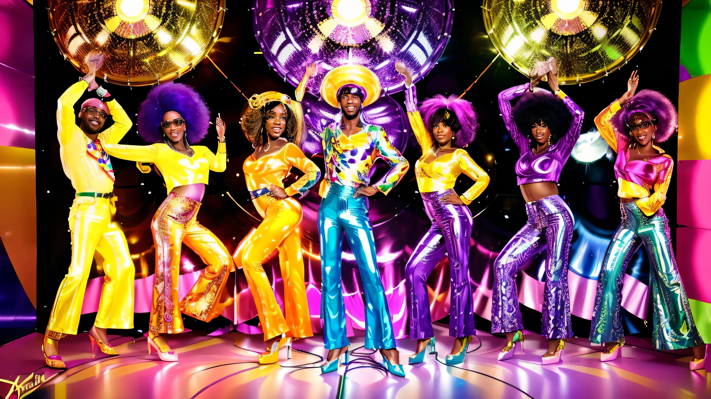 Funky illustration (60s Soul Disco), deep purple and orange gradation ,Geometric patterns (circles, triangles, wavy lines, etc.),Shiny materials (vinyl, satin, etc.),men and women dancing, Flashy clothing (bell bottoms, platform shoes, Afro hair, etc.),Cheerful and energetic look, big mirror ball, colorful lighting smoke, musical notes and records, funky and soulful, energetic and fun,60's vibe, Bright, vibrant colors (orange, yellow, green, purple, etc.),black and white contrast, shiny material, Soft materials like velor or satin, Large titles (e.g. "Soul Disco Party"),artist's signature