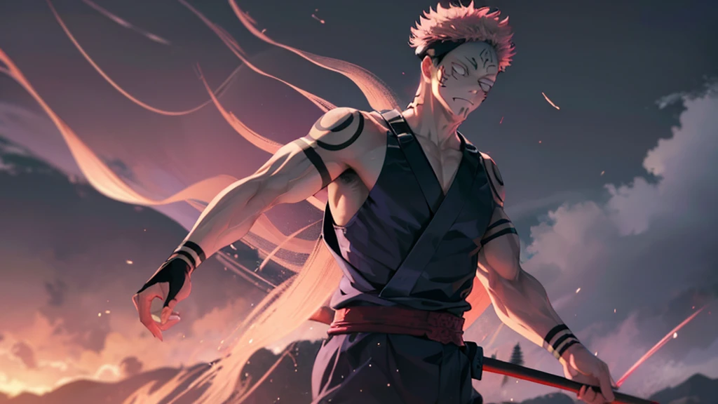 Men adult, Ryomen Sukuna and Itadori Yuuji, Jujutsu Kaisen, tattoos and muscules in body,  pink hair, short hair, red eyes, four arms,Kimono Black, carrying a spear,  tempest light and rain,  cinematographic and vivid paisage Widescreen

 