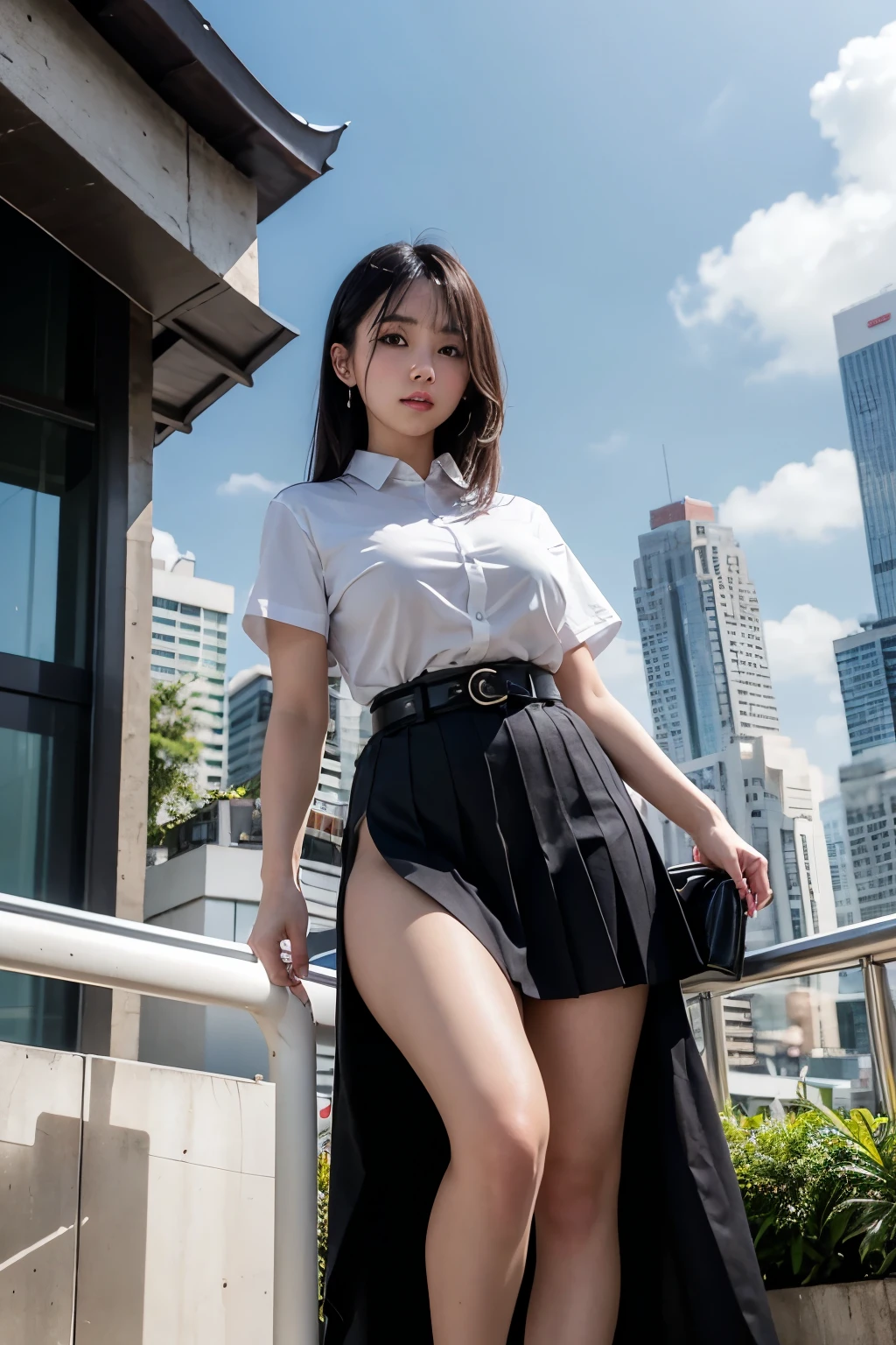 A towering Giantess in a white shirt, short sleeves, black color pleated skirt, black belt, looking at viewers, Her toned and she lean and slender body. She seems to be casually strolling through the bustling cityscape of Bangkok City, skytrain, as towering buildings loom overhead. Smoke and clouds roil around her, adding to the sense of epic scale and drama. The lighting is clear and realistic full body, The perspective is from below.