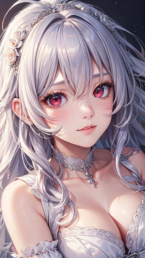 highest quality、Realistic、Adult Woman、zoom、look up、cute、Red eyes、Silver hair、Curly Hair、Wedding dress、Face close-up、slender