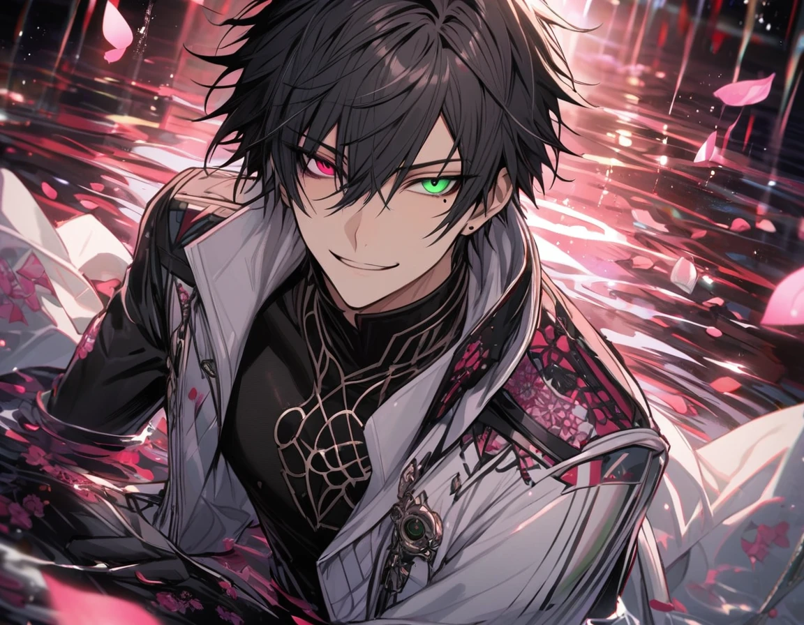 Ultra detailed, Highres, absurdres, Yamada Ichiro, black hair, heterochromia, left eye is green, right eye is red, white long coat with patterns, hypnosis mic, pink flowers, petals, extremely handsome, sexy man, solo, very detailed eyes and face, black gloves, water, pink butterflies, black tight t-shirt, smirk