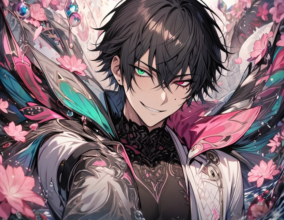 Ultra detailed, Highres, absurdres, Yamada Ichiro, black hair, heterochromia, left eye is green, right eye is red, white long coat with patterns, hypnosis mic, pink flowers, petals, extremely handsome, sexy man, solo, very detailed eyes and face, black gloves, water, black pants, pink butterflies, black tight t-shirt, smirk, mole under the eye,