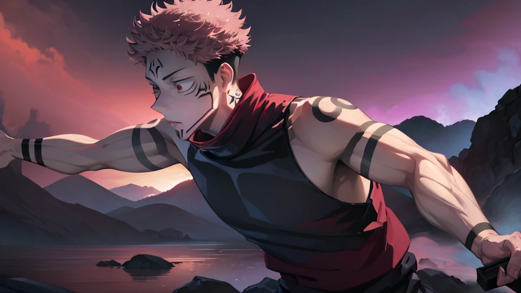 Two man adults, Ryomen Sukuna and Itadori Yuuji, Jujutsu Kaisen, tattoos and muscules in body,  pink hair, short hair, red eyes, four arms,Kimono Black, carrying a spear,  tempest light and rain,  cinematographic and vivid paisage Widescreen

 