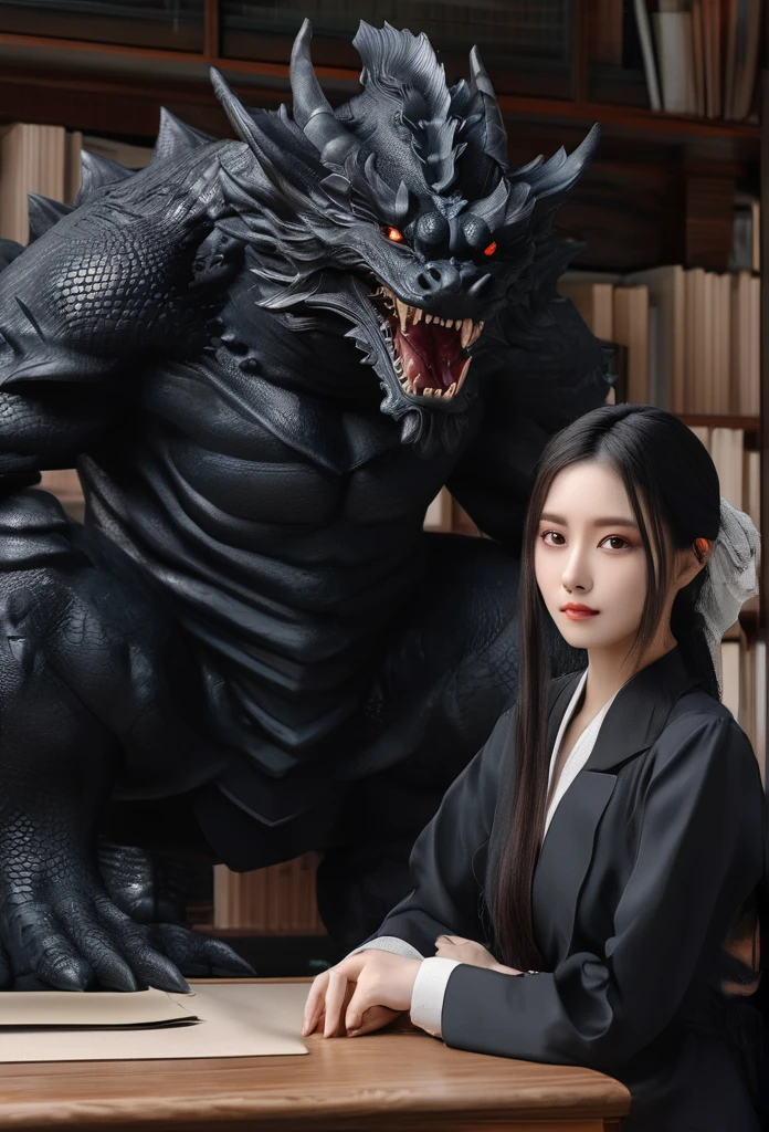 Big black dragon,Woman sitting in front,masterpiece, high quality, 最high quality, beautiful, High resolution, Realistic, Perfect lighting, Detailed face, Detailed body, 1 person, Black Hair, blue eyes, Masculinity, Suit Uniform, (Dull expression: 1.5) (Face Natural: 1.5), sitting in classroom, [Object Object], (Detailed faceの特徴:1.3), (RAW Photos, 16k, masterpiece, 最high quality: 1.2), (ultra realism, Extremely detailed and exquisite realism: 1.3), (広い is written in depth, Radiation Mapping, Ray Tracing, God&#39;s Rays: 1.2), High Dynamic Range, vivid, Rich details, Revealing shadows and highlights, Realistic, intense, Enhance contrast,黒い超巨大な鬼と優雅な写真のためにポーズをとる赤い目のbeautiful女性, arpino,Gray Hair,Face to face, Ultra-realistic, Clear images,（（A giant black demon in the background））,Demon in the background!,（（Ogre in the background））