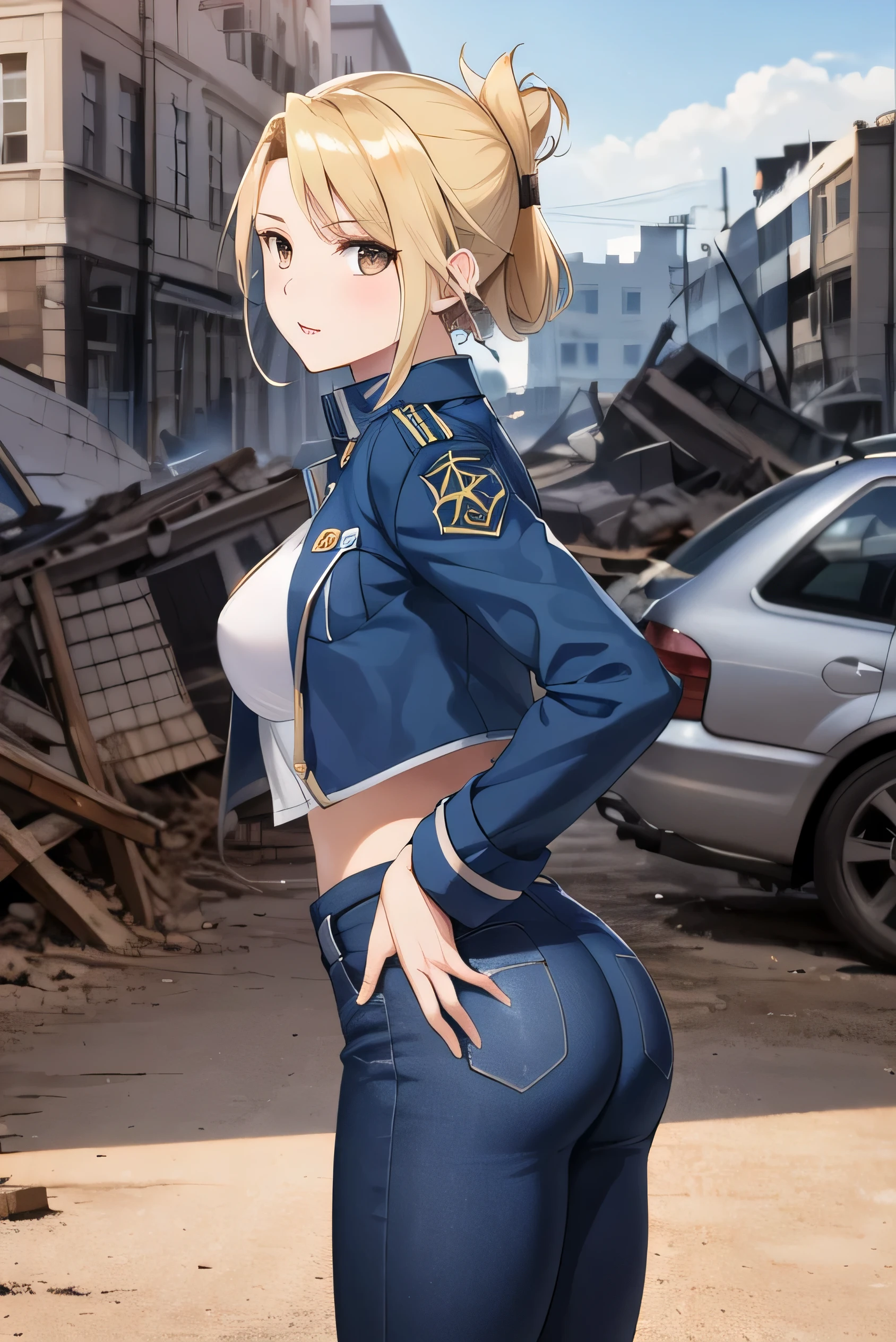 masterpiece, highest quality, High resolution, One girl, Hamriz, Folded ponytail, Brown eyes, Medium chest, uniform, Blue jacket, Blue pants, Are standing, Turn around, Show off your breasts, Showing her ass, Side Angle, Cowboy Shot, Outdoor, View your viewers,Has an assault rifle,  masterpiece, Detailed Shadows, Detailed light, Very detailed, ((Dirty and very torn uniform)), (Torn uniform:1.5), battlefield, ruins, Destroyed City, 