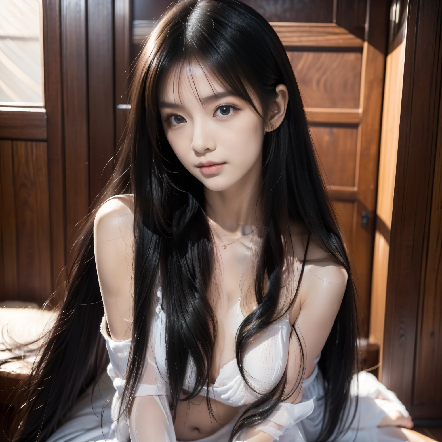 (Best image quality、highest quality、Highest Resolution、Ultra-realisticな写真、Full body photo、masterpiece、)One Girl、驚くほどlongBlack hairを持つ超美人、髪のlongさ約3メートル、White underwear or naked、Covering the whole body with jet black straight hair、Very beautiful face、手入れの行き届いた美しBlack hair、Very large amounts of hair、Long black hair that emphasizes your feminine sexiness、Slim figure、Shiny beautiful hair、Bright lighting、Professional Lighting、World Long Hair Contest Winner、Full body photo、Head to toe photos、Photo taken from about 4 meters away、Ultra-realistic、both hands、2 Foot、Five fingers、世界一longBlack hair、My hair is heavy and tired、ラプンツェルよりもlongい髪、Very large amounts of hair、私は全身をとてもlongBlack hairで隠しています、My hair is so clean after shampooing every day、My hair smells sexy like roses、私はとてもlongBlack hairをしています、My charm ion is、私はとてもlongBlack hairをしています、longBlack hairは美の象徴である、私の誇りはlongBlack hairです、このlongい髪のlongさと量は世界中で賞賛されています、私のとてもlongBlack hairは扇形に広がっています、Backwards、Sleeping on your stomach、Silky black hair flowing from shoulders to the floor、Laughter、私の髪のlongさと美しさに世界中が驚いている、私のlongBlack hairは国宝となっている、Her beautiful, straight, silky black hair flows in the air.、long~Black hair、