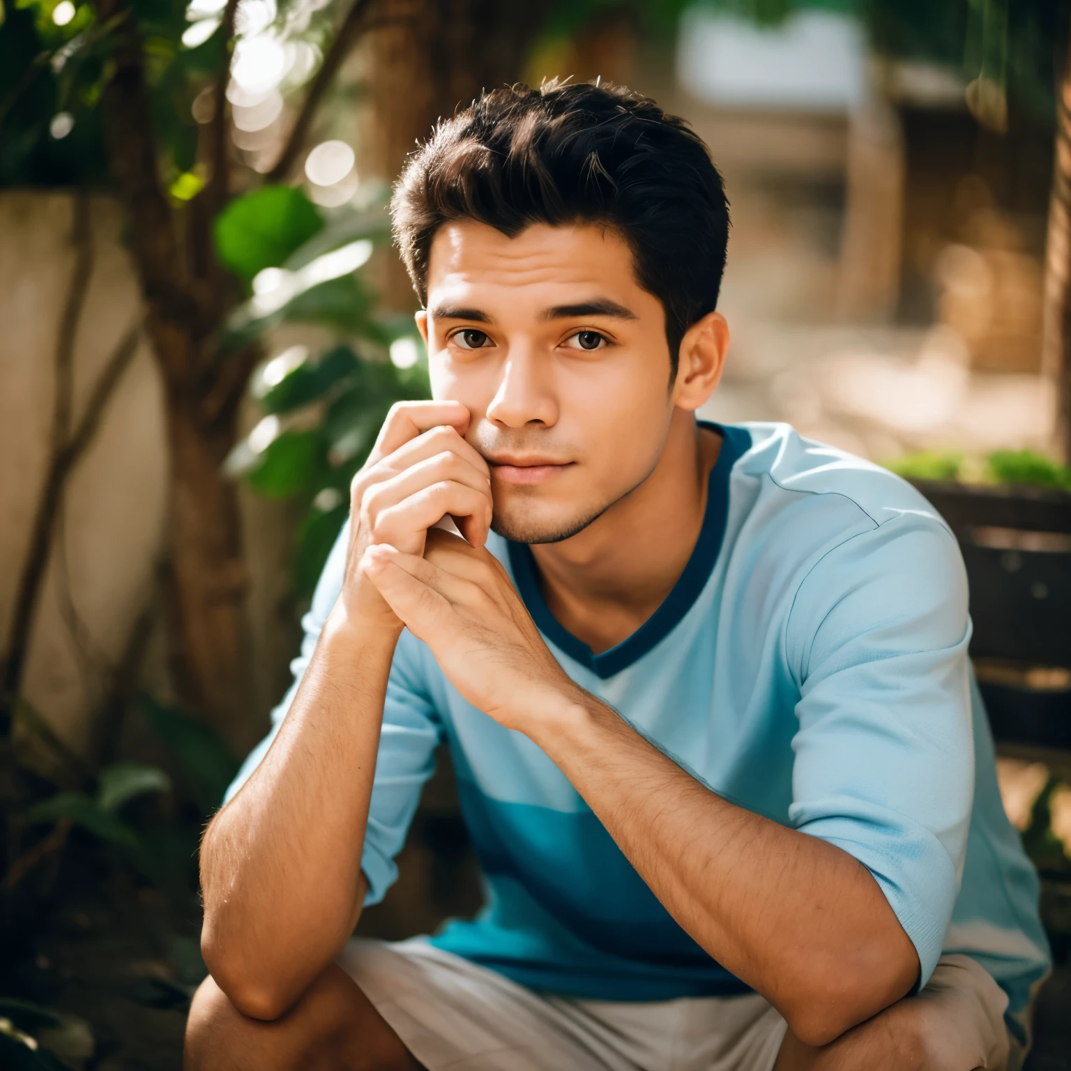 Arafed menino sentado em um banco segurando um telefone celular, menino bonito, foto de retrato em close-up, foto de retrato, cabrito, Retrato no meio da foto, menino novo, menino tem cabelo preto curto, olhar inocente. ricas cores vivas, Giro, jovem bonito, garotada, maravilhoso, Reyyan, Directed by: Juan O'Gorman, serene emotion, menino peruano olhando, um bonito