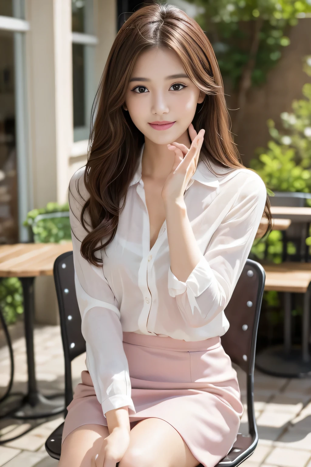 highest quality, Realistically, Very detailed, About pubic hair, High resolution, 8k wallpaper, One beautiful woman, Pink wet lips, Light brown messy hair, Wearing a suit, shirt, White Skirt, Lock focus, Perfect dynamic composition, Beautiful Eyes, Delicate Hair, Detailed Realistically skin texture, smile, Close-up portrait, Model Body Type, On the open terrace of the cafe, Blurred Background, (Full Body Shot), Take photos from a distance, Random body orientation,Sit on a chair、