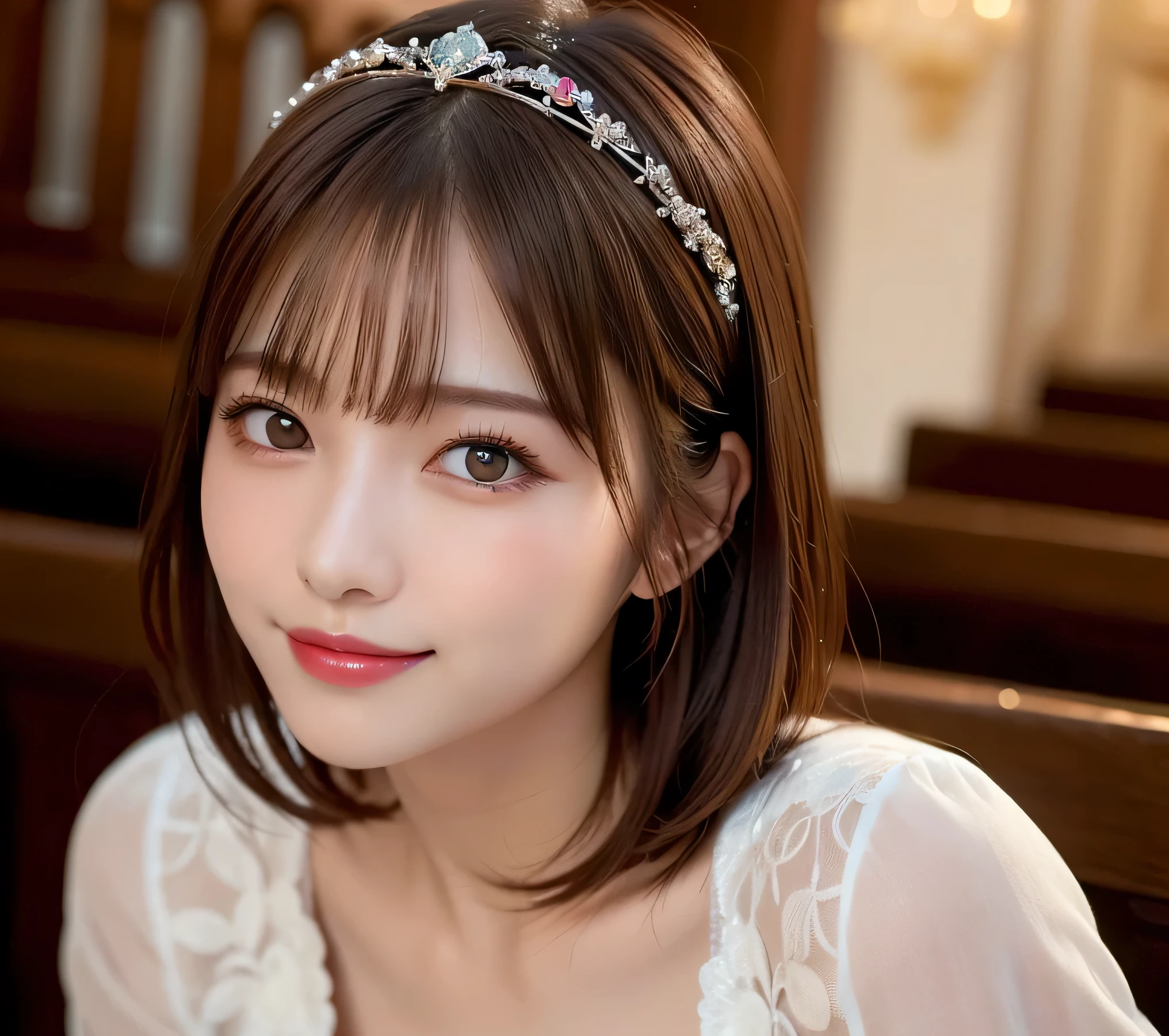 (Highest quality:1.5), (Realistic:1.5), (1 person:1.5), Very detailed, fine, high resolution, 8k wallpaper, perfect dynamic composition, full body, small breasts, natural colored lips, cute smile, Japanese woman, 20 years old girl, beautiful and exquisite face, perfect and beautiful face, beautiful and fine eyes, big eyes, brunette eyes, beautiful and exquisite face, perfect and beautiful double eyelids, natural bangs, beautiful Thin nose, beautiful skin, maroon brown hair, medium bob hair, short cut hair, natural bangs, perfect and beautiful face, slim face and style, (looking at camera), bright lighting, professional lighting, forward lighting, natural smile, church, empire wedding dress , tiara,