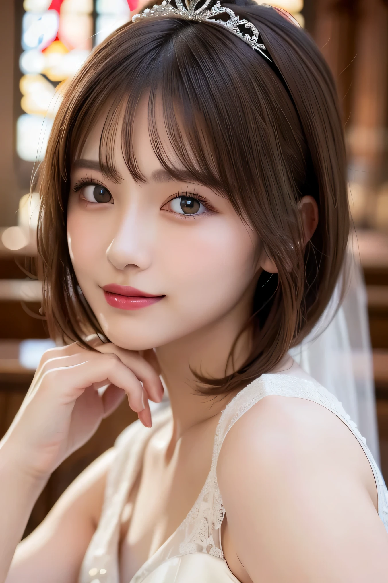 (Highest quality:1.5), (Realistic:1.5), (1 person:1.5), Very detailed, fine, high resolution, 8k wallpaper, perfect dynamic composition, full body, hands together, small breasts, natural colored lips, cute smile, Japanese woman, 20 years old girl, beautiful and exquisite face, perfect and beautiful face, beautiful and fine eyes, big eyes, brunette eyes, beautiful and exquisite face, perfect and beautiful double eyelids, natural bangs, beautiful Thin nose, beautiful skin, maroon brown hair, medium bob hair, short cut hair, natural bangs, perfect and beautiful face, slim face and style, (looking at camera), bright lighting, professional lighting, forward lighting, natural smile, church, empire wedding dress , tiara,
