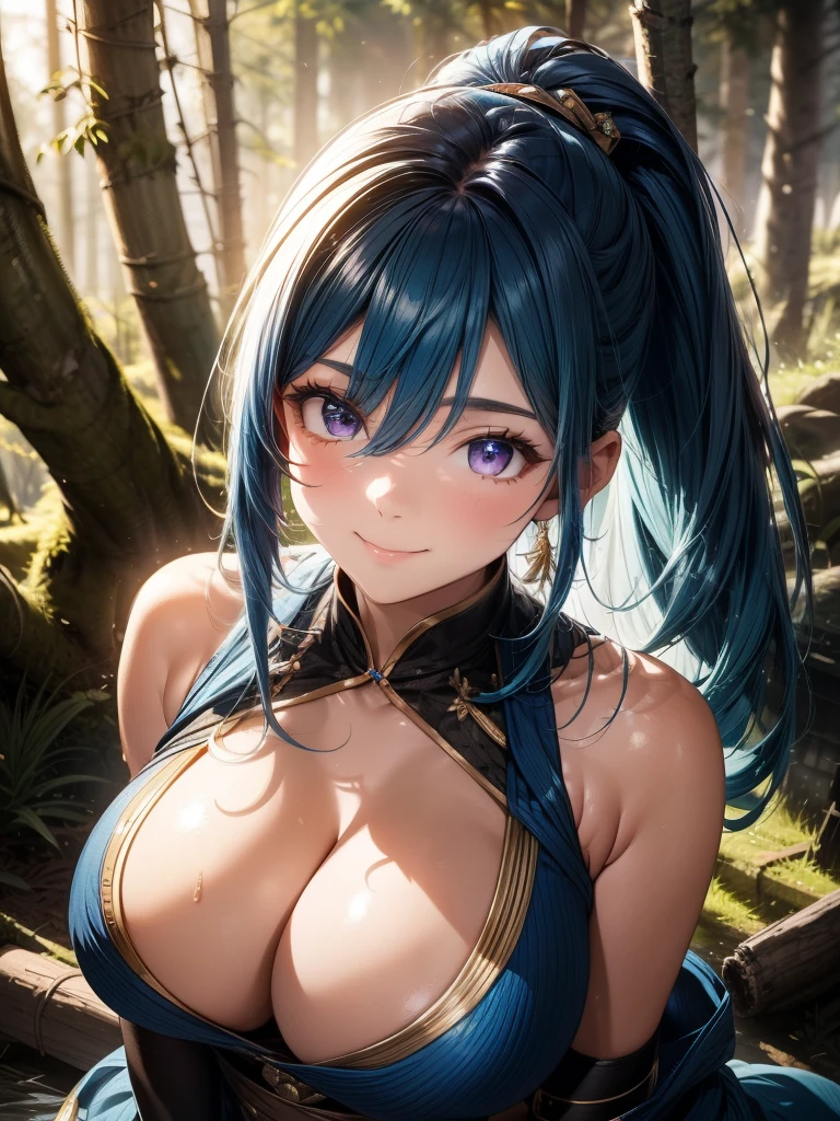 {{{masterpiece}}}, {{{best quality}}}, {{ultra-detailed}}, {cinematic lighting}, {illustration}, {beautifuly detailed eyes}, {1girl}, {full body glamour shot}, extremely detailed, 1girl, solo, flirtatious pose, A beautiful shinobi warrior, blue hair in a long ponytail, wearing gold and blue clothing, warrior, playful smile, purple eyes, huge breasts, cleavage, hourglass figure, facing viewer, outdoors, woodland background, highly detailed face and clothing, slightly narrow eyes, perfect face, fair skin, hair bangs, long hair, noble beautiful, traditional Japanese clothing, shinobi woman, dynamic camera angle, from above and to the side