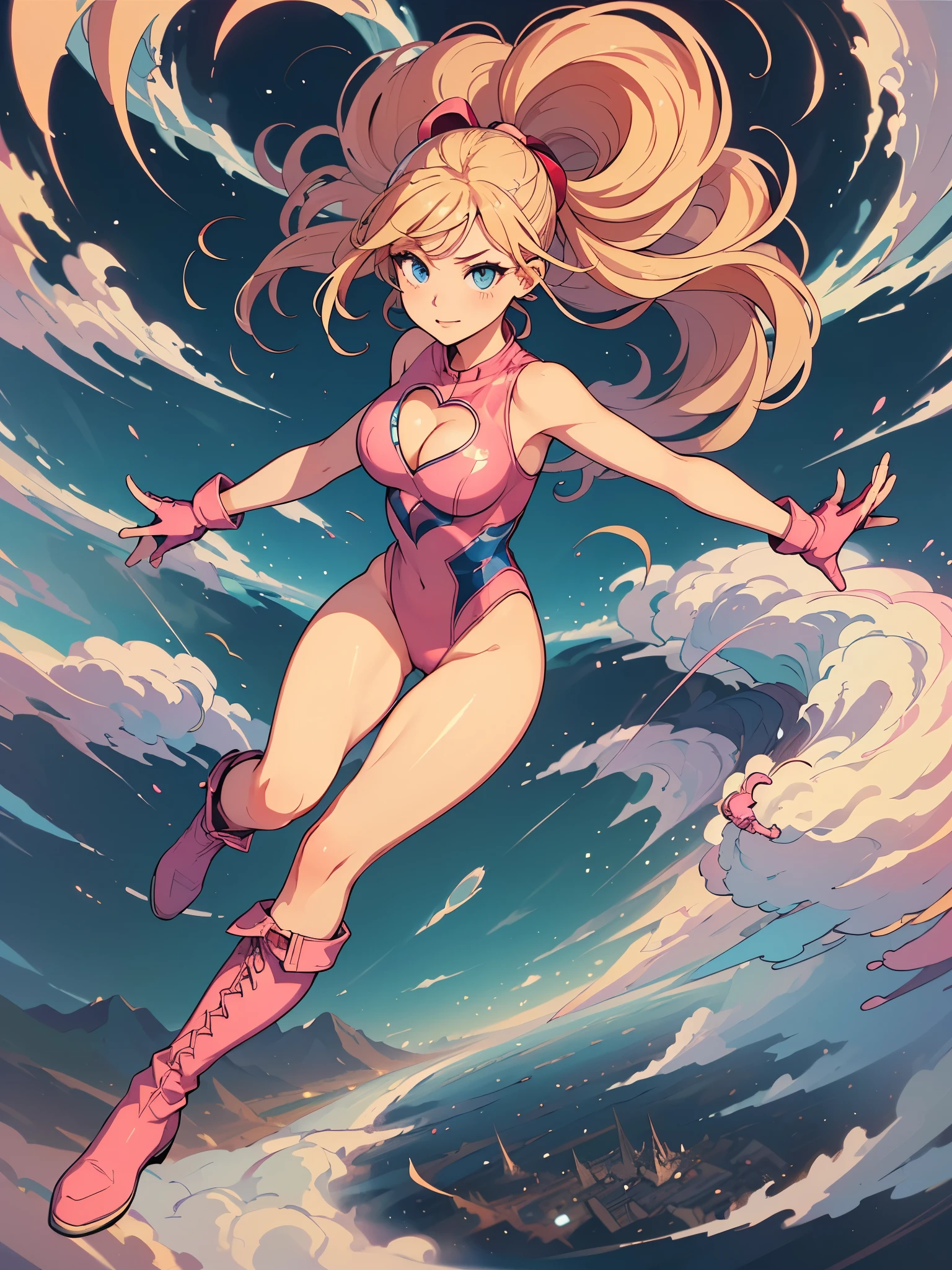 ((masterpiece)), ((best quality)), ((high res)), 1girl, solo, solo focus, (leotard, perfect leotard, pink leotard, sleeveless, bare legs), matching boots, looking at the viewer, blue sky backdrop, perfect hands, complete fingers, perfect anatomy, perfect proportions, medium breasts, (blonde hair, long hair, mid-length hair, hair down, bangs), knee boots, blue eyes, beautiful detailed eyes, beautiful detailed face, cute face, (cleavage heart cutout), pink gloves, pink footwear, superhero, heroic, (spread arms, spins in place like a tornado, she spins at an incredible speed, creating a whirlwind of air around her, spiral lines around, cyclone cloud around, tornado spinning), full body with costume