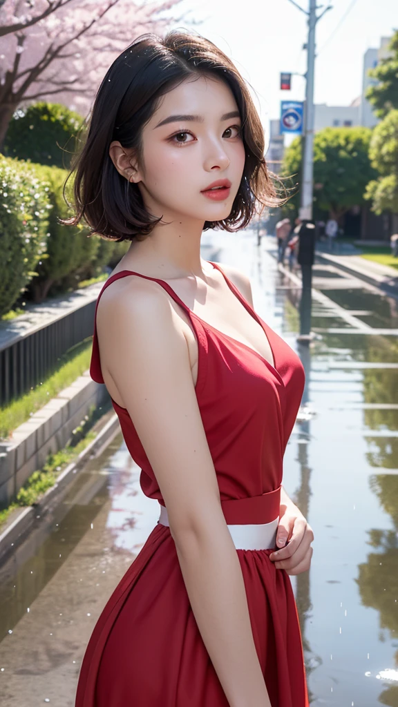 ((best quality, 8k, masterpiece: 1.3)), Focus: 1.2, Perfect body beauty: 1.4, buttock: 1.2, ((Laminated haircut)), (Wet clothes: 1.1), (Rain, street:1.3), Tulle Fabric, Plain skirt, (Red dress: 1.2), Soft style, The surface of the skin and face has many details, Delicate eyes, Double eyelids, White, Long and curly hair, (Shut up: 1.5), Bare-shoulders, Cherry blossoms in the background, Selfie angle camera