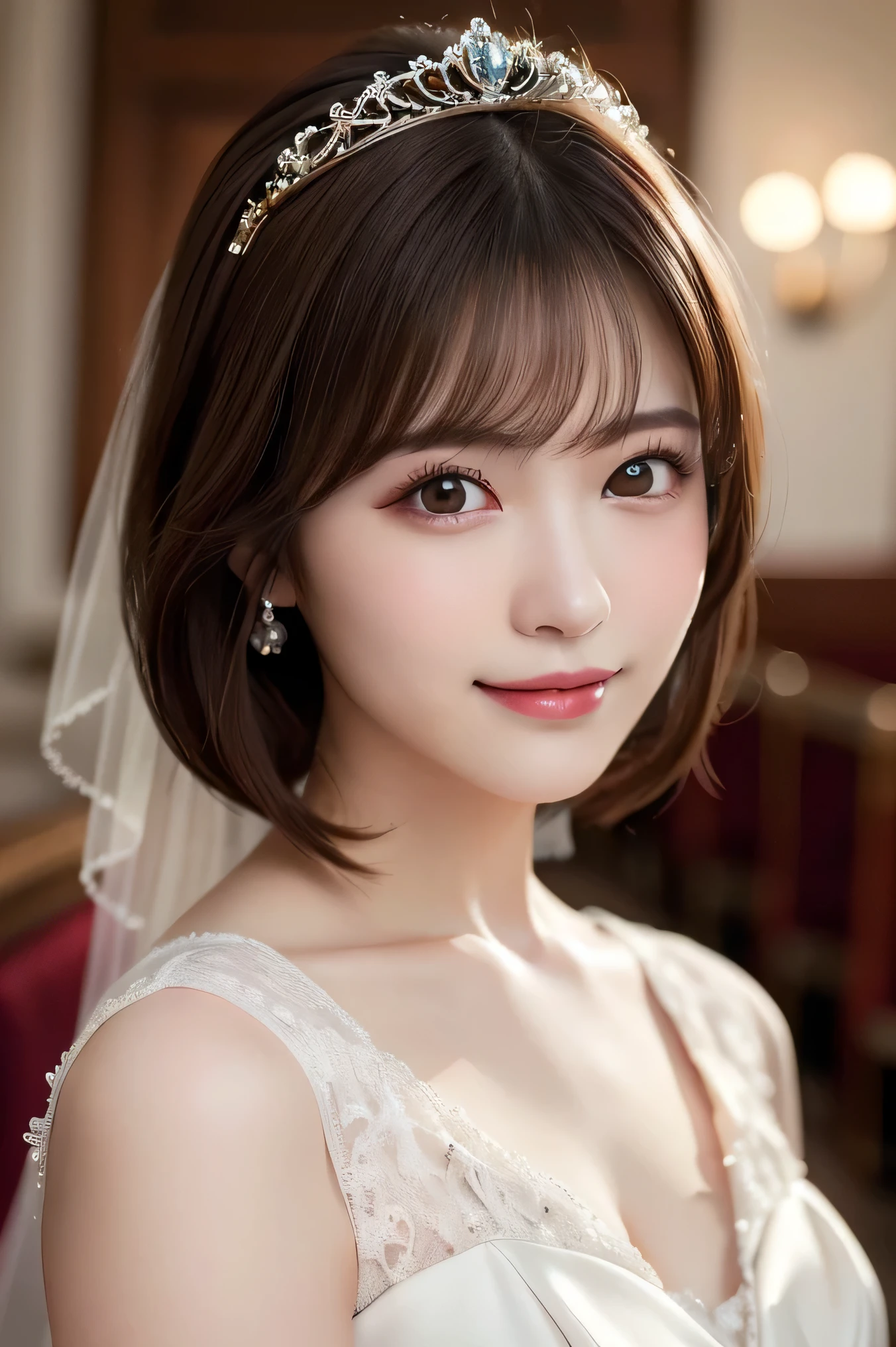 (Highest quality:1.5), (Realistic:1.5), (1 person:1.5), Very detailed, fine, high resolution, 8k wallpaper, perfect dynamic composition, upper body, sitting small breasts, natural colored lips, cute smile, Japanese woman, 20 years old girl, beautiful and exquisite face, perfect and beautiful face, beautiful and fine eyes, big eyes, brunette eyes, beautiful and exquisite face, perfect and beautiful double eyelids, natural bangs, beautiful Thin nose, beautiful skin, maroon brown hair, medium bob hair, short cut hair, natural bangs, perfect and beautiful face, slim face and style, (looking at camera), bright lighting, professional lighting, forward lighting, natural smile, church, empire wedding dress , tiara,
