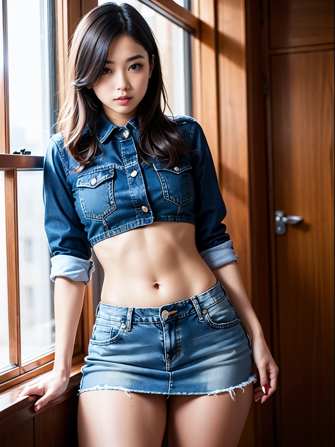 master pieze, brunette cute sexi girl, thick thighs, denim miniskirt, navel, panties