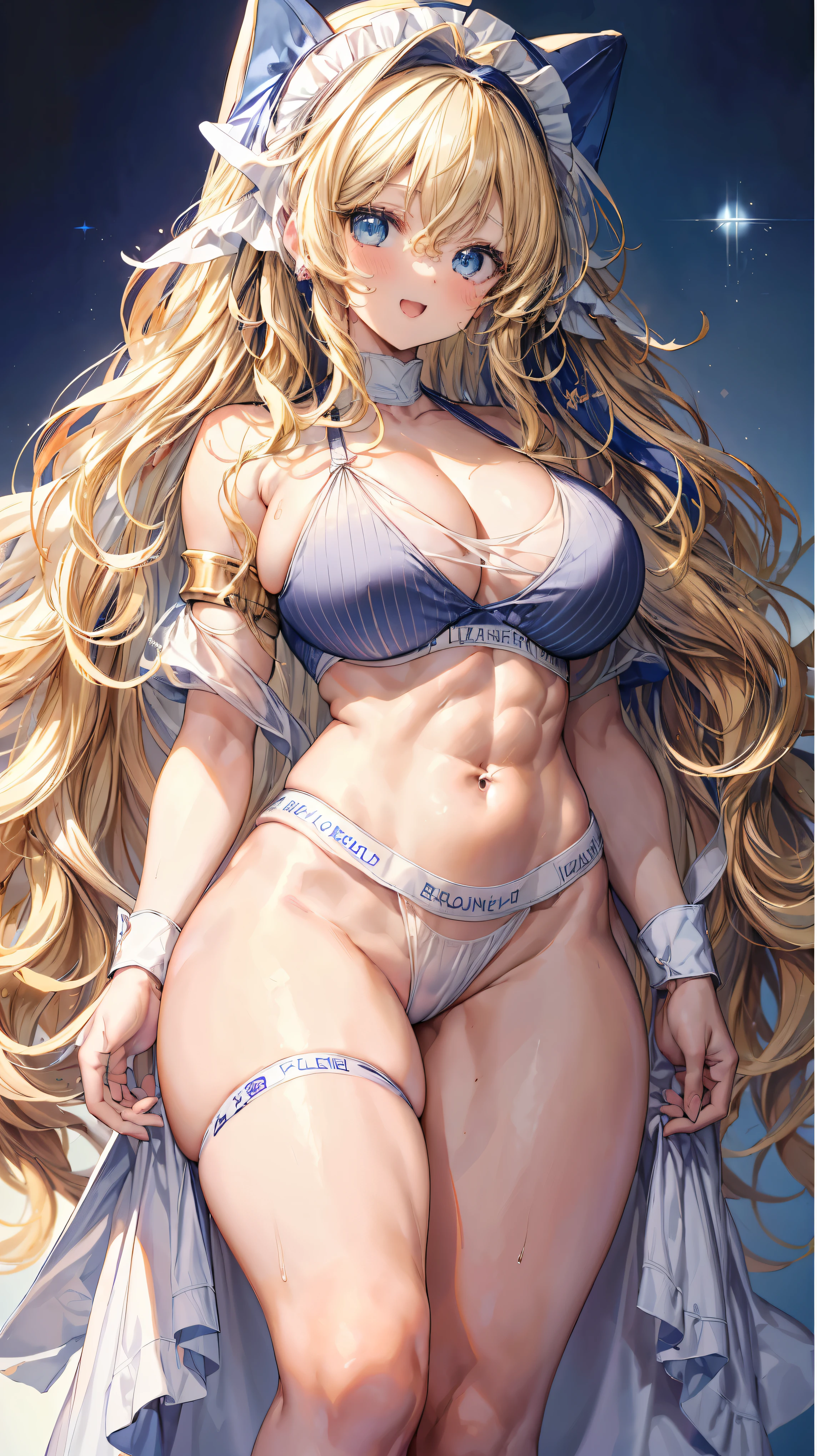 Super detailed、highest quality、Best image quality、masterpiece、8K、Anime Face、A kind smile、Open Mouth、Sparkling Blue Eyes、(Long blonde wavy hair:1.5)、Heavy bangs、Wearing a maid headband、(SFW huge body)、Cowboy Shot、(Wearing a white thong:1.5)、Muscles of the whole body、Knee-high