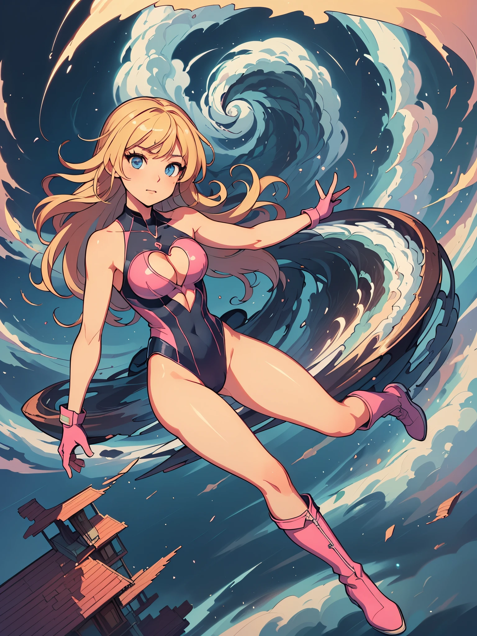 ((masterpiece)), ((best quality)), ((high res)), 1girl, solo, solo focus, (leotard, perfect leotard, pink leotard, sleeveless, bare legs), matching boots, looking at the viewer, blue sky backdrop, perfect hands, complete fingers, perfect anatomy, perfect proportions, medium breasts, (blonde hair, long hair, mid-length hair, hair down, bangs), knee boots, blue eyes, beautiful detailed eyes, beautiful detailed face, cute face, (cleavage heart cutout), pink gloves, pink footwear, superhero, heroic, (spread arms, spins in place like a tornado, she spins at an incredible speed, creating a whirlwind of air around her, spiral lines around, cyclone cloud around, tornado spinning), full body with costume