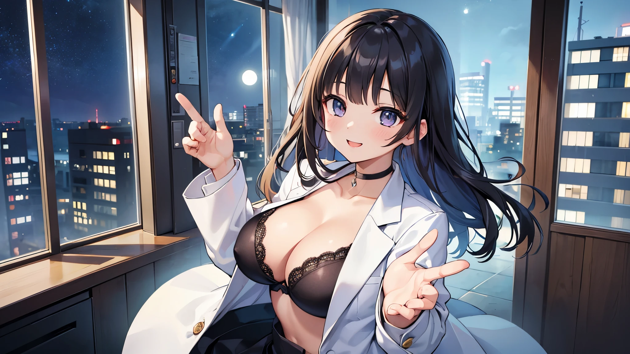 ((highest quality)), ((masterpiece)), (Get used to it), Perfect Face, Japan dark-haired person、28歳 woman,Bust isfcup,woman,dazzling,:White suit,View your viewers,Smiling Kindly。hand in front,Reaching out,5 fingers each,composition:whole body,angle:Looking down from above,Location:Office at night、((Cleavage、Black Bra))