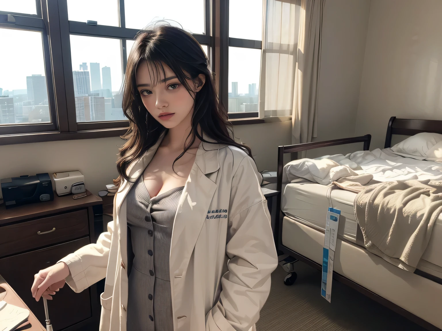 (((HD Photos))), Ultra-high resolution.Realistic:. 1.4, Ultra-high resolution, masterpiece, Trending on Artstation, Portraiture, Full Body Shot, One Girl, cute, cute face, The most beautiful in the world, Cleavage, soft, delicate, (Long Red Hair), Perfect figure, (Wearing a white doctor's coat&#39;uniform:1.2), Lean on, With a stethoscope:1.4, Medical fetish, inspection, Light of the sun, Ward Background, SFW