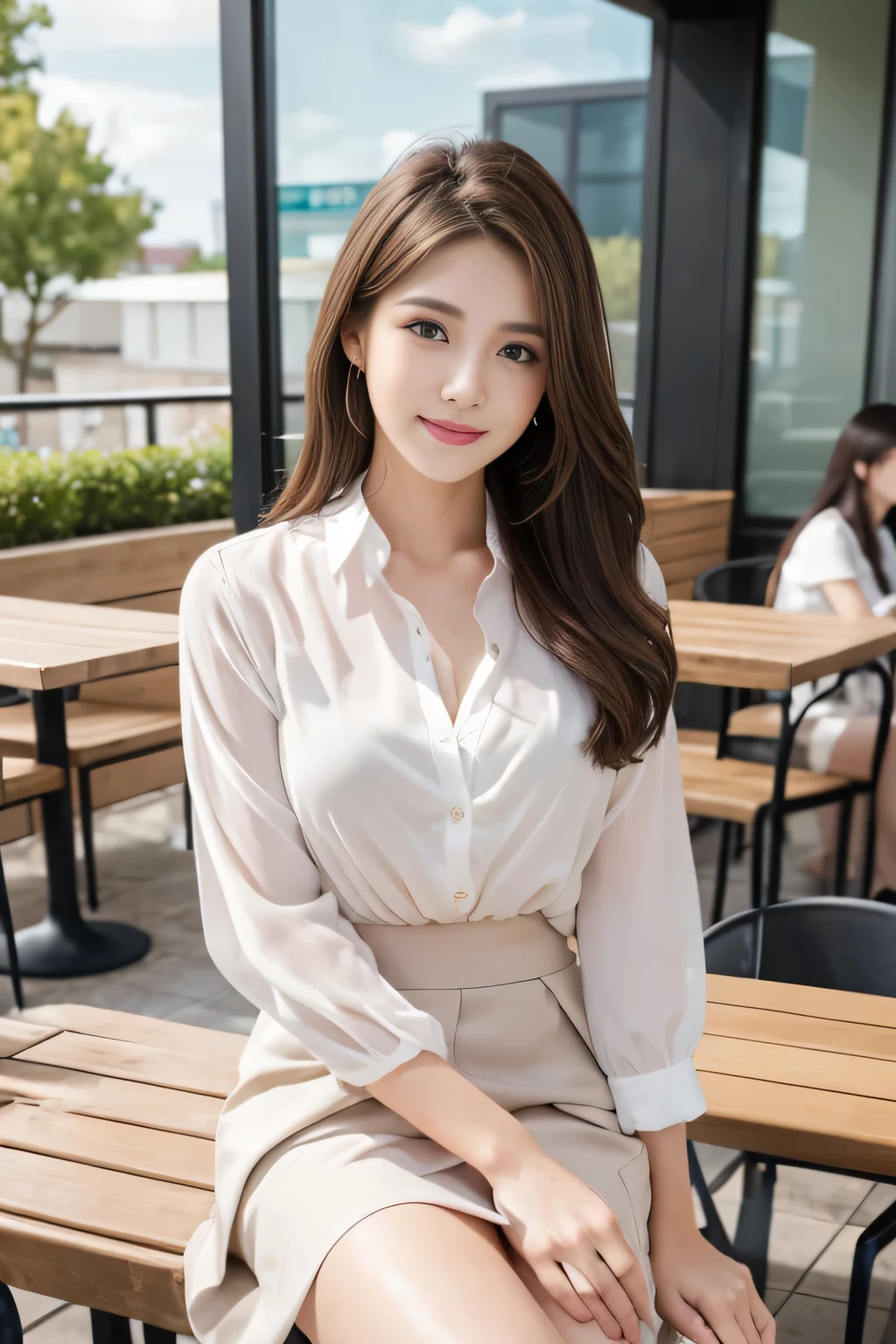 highest quality, Realistically, Very detailed, About pubic hair, High resolution, 8k wallpaper, One beautiful woman, Pink wet lips, Light brown messy hair, Wearing a suit, shirt, White Skirt, Lock focus, Perfect dynamic composition, Beautiful Eyes, Delicate Hair, Detailed Realistically skin texture, smile, Close-up portrait, Model Body Type, On the open terrace of the cafe, Blurred Background, (Full Body Shot), Take photos from a distance, Random body orientation,Sit on a chair、