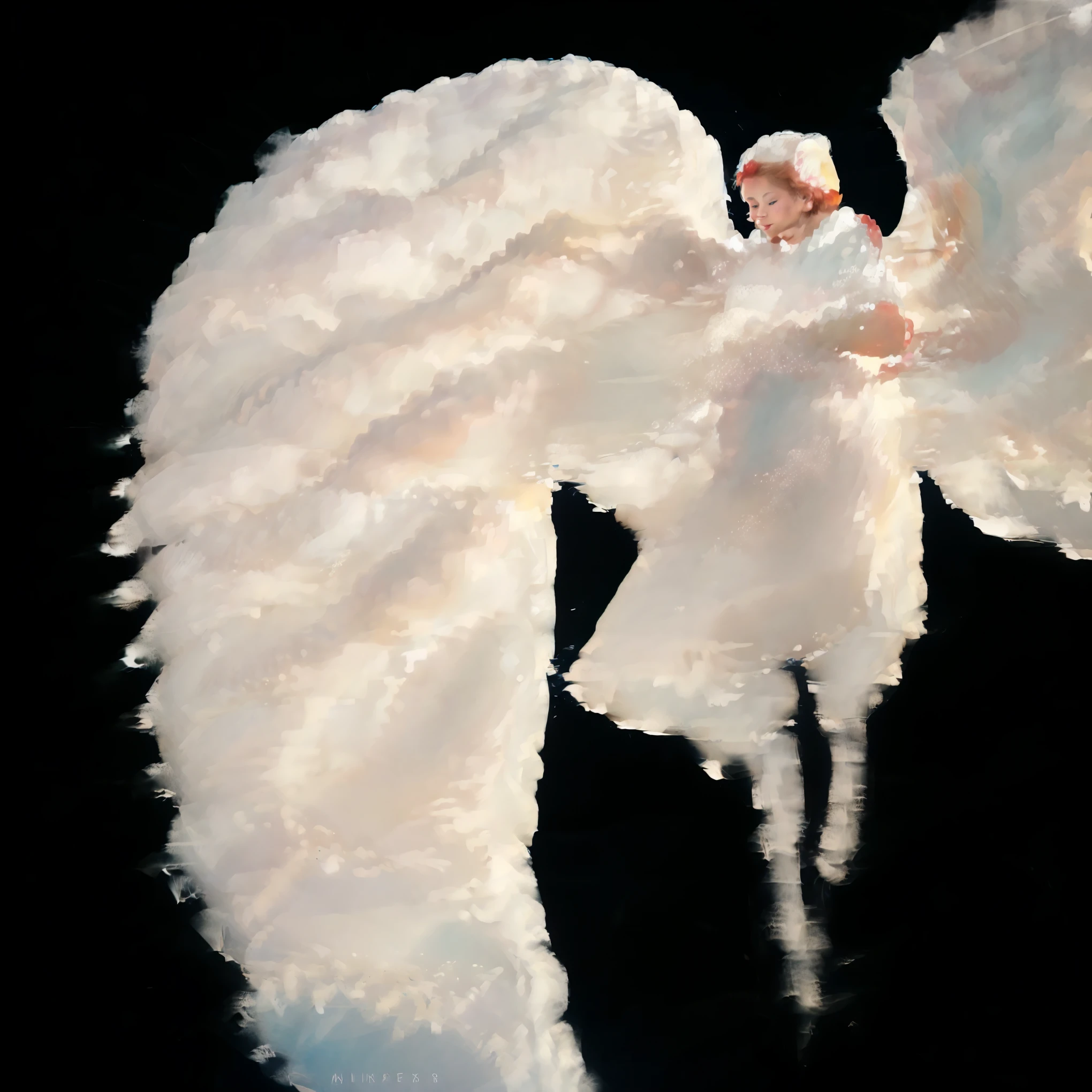 white angel in air, giant cloud wings, unreal beauty women, made of clouds, cloud ripple effect, ripple effect, color bleeding effect