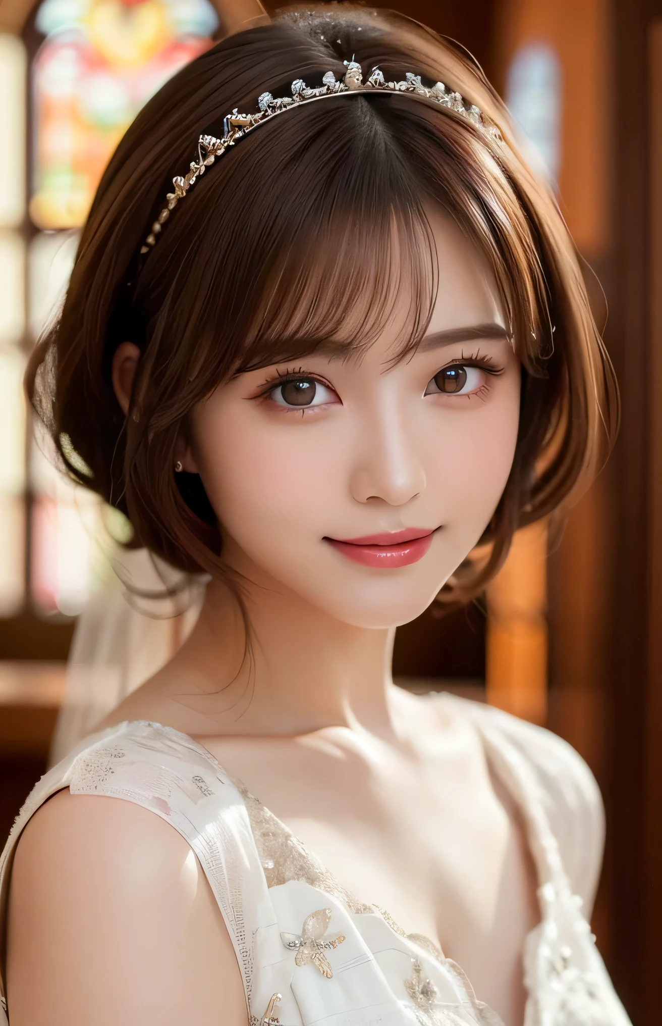 (Highest quality:1.5), (Realistic:1.5), (1 person:1.5), Very detailed, fine, high resolution, 8k wallpaper, perfect dynamic composition, upper body, leaning forward, small breasts, natural colored lips, cute smile, Japanese woman, 20 years old girl, beautiful and exquisite face, perfect and beautiful face, beautiful and fine eyes, big eyes, brunette eyes, beautiful and exquisite face, perfect and beautiful double eyelids, natural bangs, beautiful Thin nose, beautiful skin, maroon brown hair, medium bob hair, short cut hair, natural bangs, perfect and beautiful face, slim face and style, (looking at camera), bright lighting, professional lighting, forward lighting, natural smile, church, empire wedding dress , tiara,