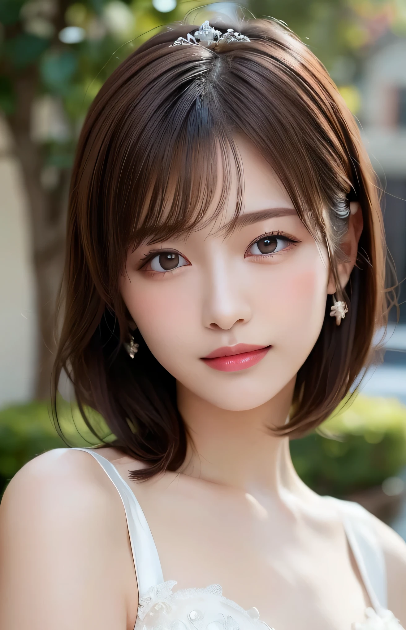 (Highest quality:1.5), (Realistic:1.5), (1 person:1.5), Very detailed, fine, high resolution, 8k wallpaper, perfect dynamic composition, upper body, leaning forward, small breasts, natural colored lips, cute smile, Japanese woman, 20 years old girl, beautiful and exquisite face, perfect and beautiful face, beautiful and fine eyes, big eyes, brunette eyes, beautiful and exquisite face, perfect and beautiful double eyelids, natural bangs, beautiful Thin nose, beautiful skin, maroon brown hair, medium bob hair, short cut hair, natural bangs, perfect and beautiful face, slim face and style, (looking at camera), bright lighting, professional lighting, forward lighting, natural smile, church, empire wedding dress , tiara,
