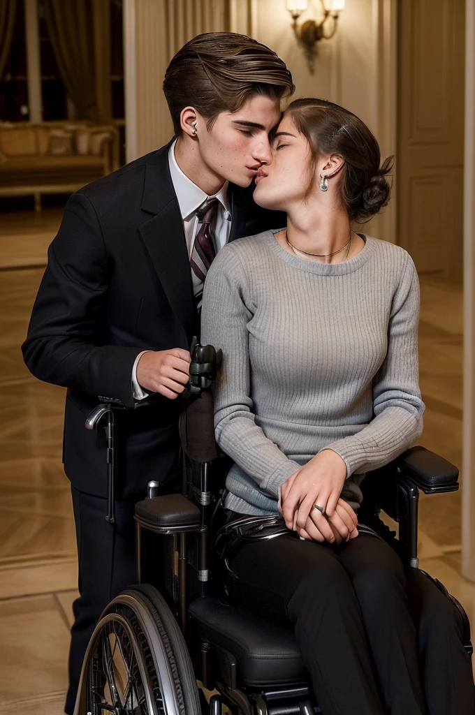 A (((19-year-old male, dominating and obsessive))), the heir of a powerful corporate family, seated in a (((wheelchair)), kissing a (((19-year-old female))), who exudes an air of composure and sophistication despite being cold, against a backdrop of a luxurious family mansion at night
