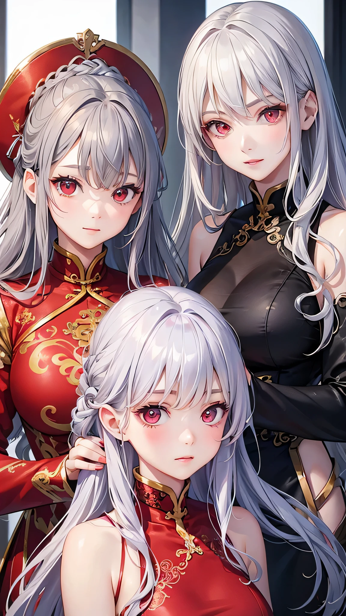 highest quality、Realistic、Adult Woman、zoom、look up、cute、Red eyes、Silver hair、Curly Hair、No sleeve、China dress
、Face close-up、slender