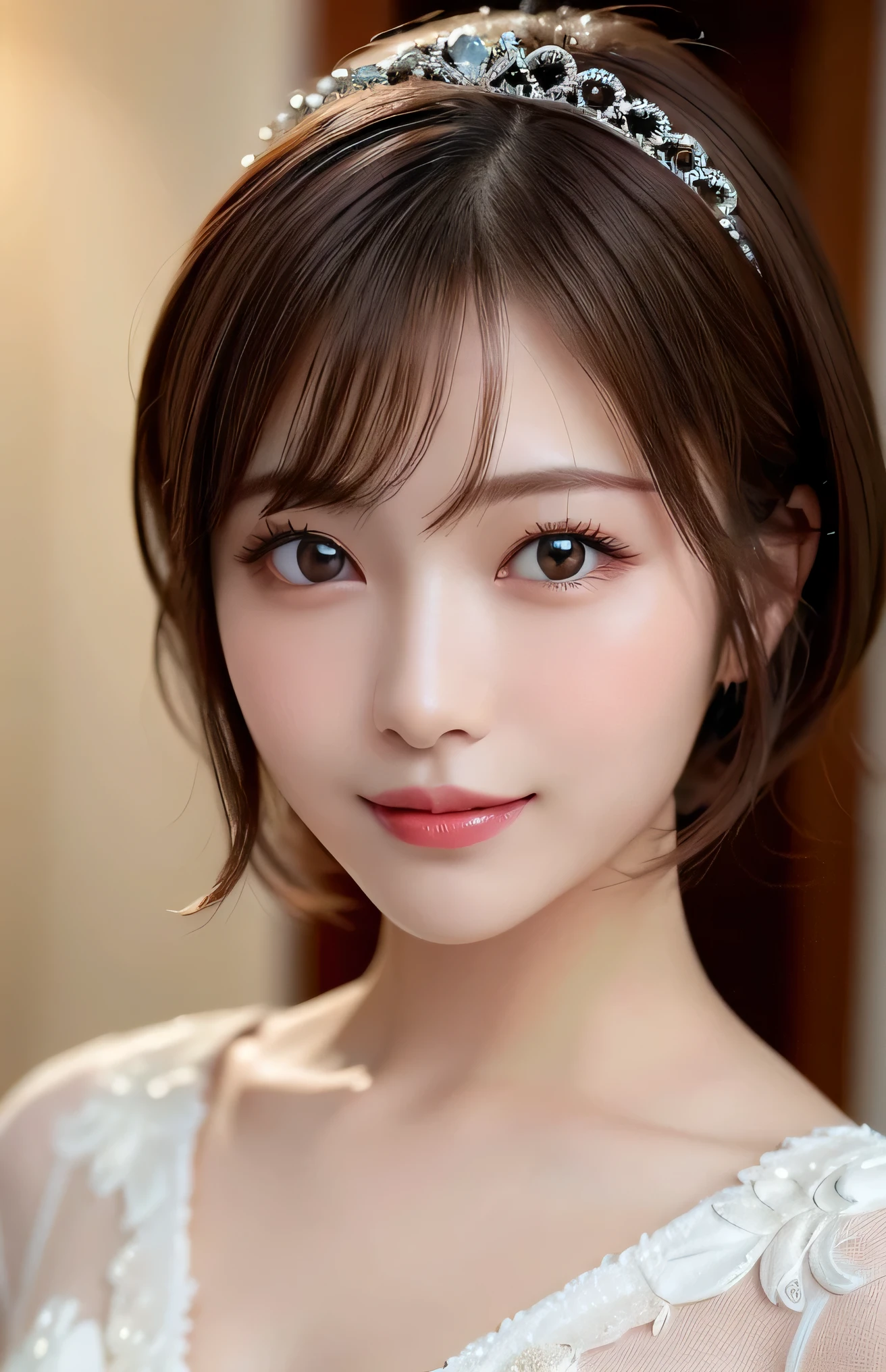 (Highest quality:1.5), (Realistic:1.5), (1 person:1.5), Very detailed, fine, high resolution, 8k wallpaper, perfect dynamic composition, upper body, leaning forward, small breasts, natural colored lips, cute smile, Japanese woman, 20 years old girl, beautiful and exquisite face, perfect and beautiful face, beautiful and fine eyes, big eyes, brunette eyes, beautiful and exquisite face, perfect and beautiful double eyelids, natural bangs, beautiful Thin nose, beautiful skin, maroon brown hair, medium bob hair, short cut hair, natural bangs, perfect and beautiful face, slim face and style, (looking at camera), bright lighting, professional lighting, forward lighting, natural smile, church, Mermaid-Line wedding dress, tiara,
