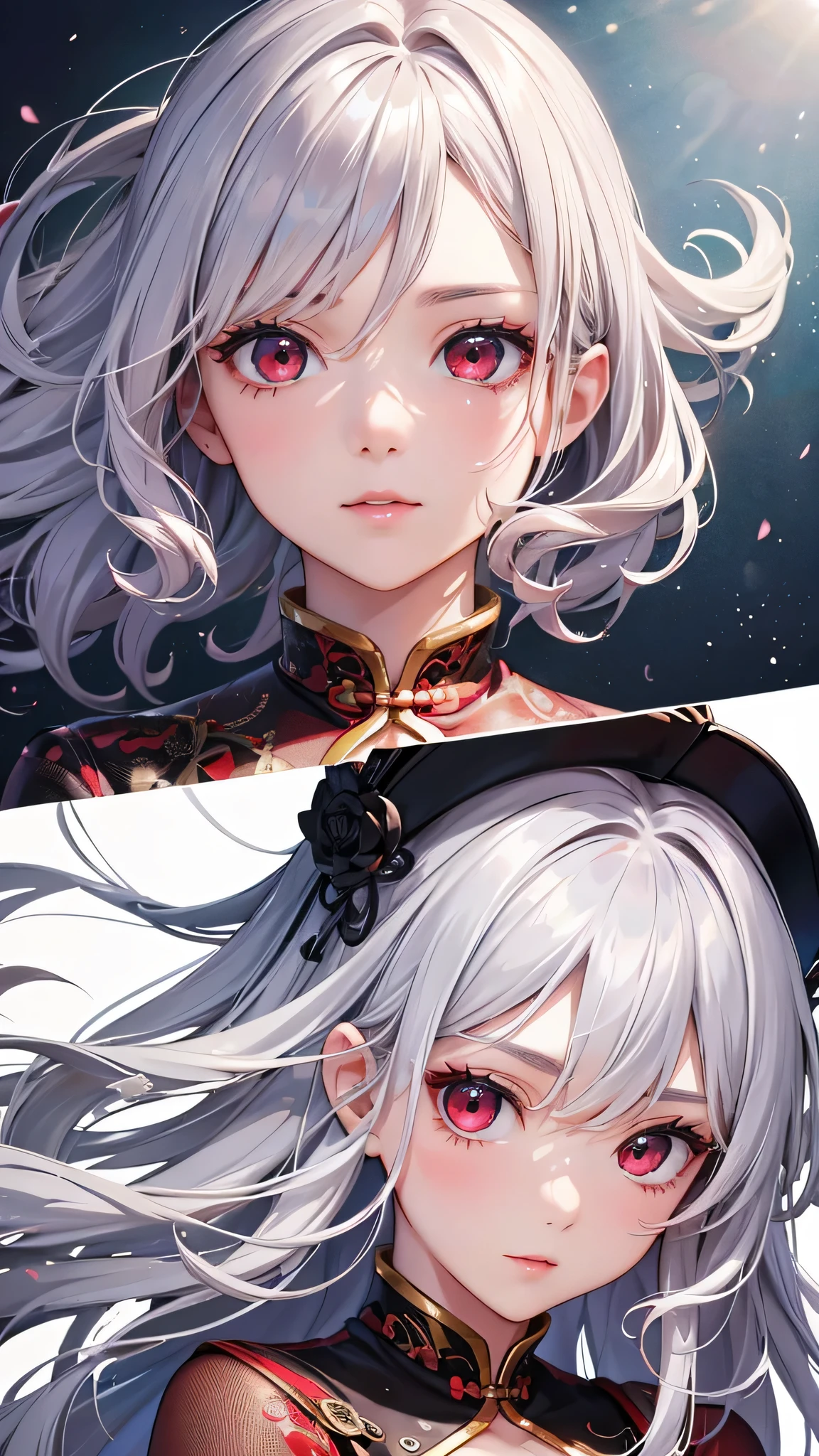 highest quality、Realistic、Adult Woman、zoom、look up、cute、Red eyes、Silver hair、Curly Hair、No sleeve、China dress
、Face close-up、slender