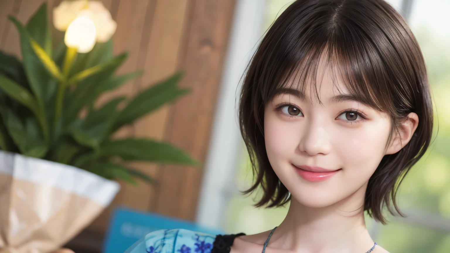 215 Short Hair, 20-year-old woman, A kind smile, Floral